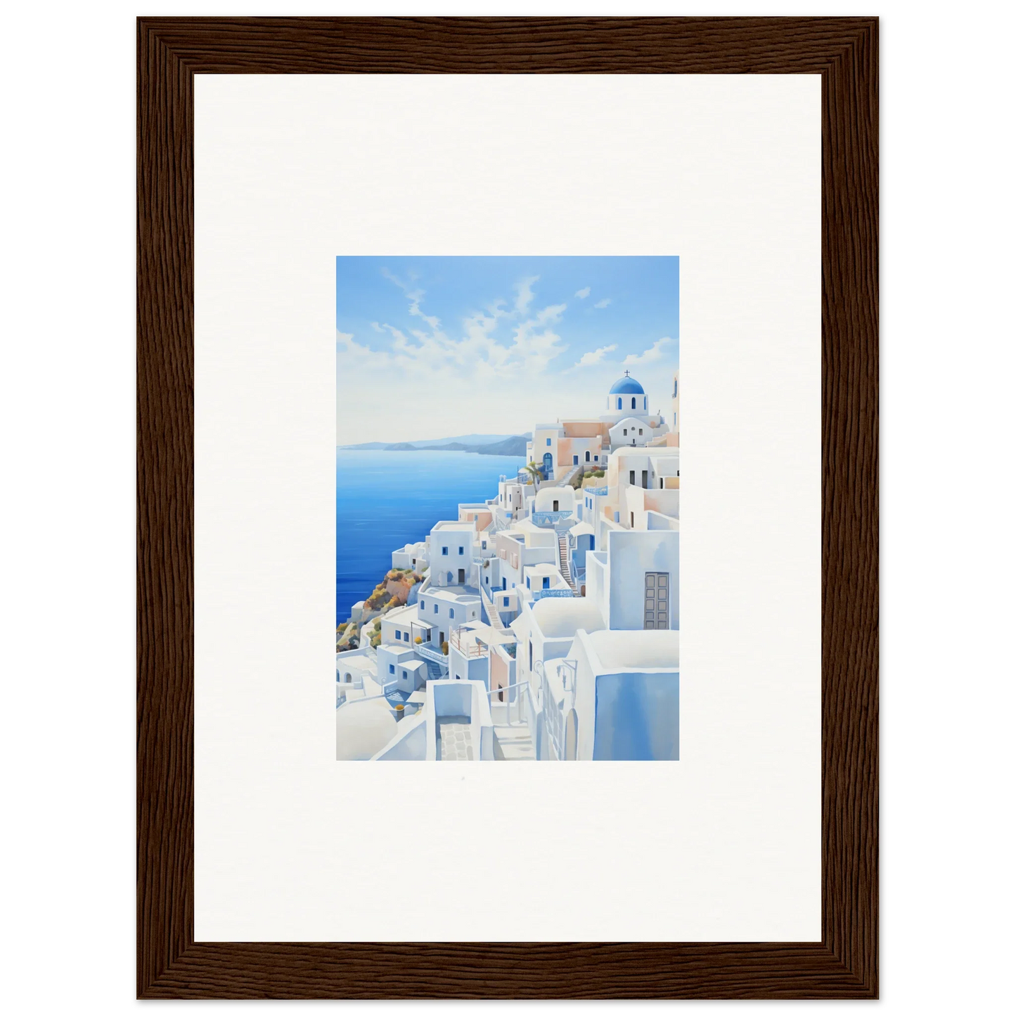 Framed premium wall art of Santorini’s white buildings and blue domes, Dreams Overlapping Reality