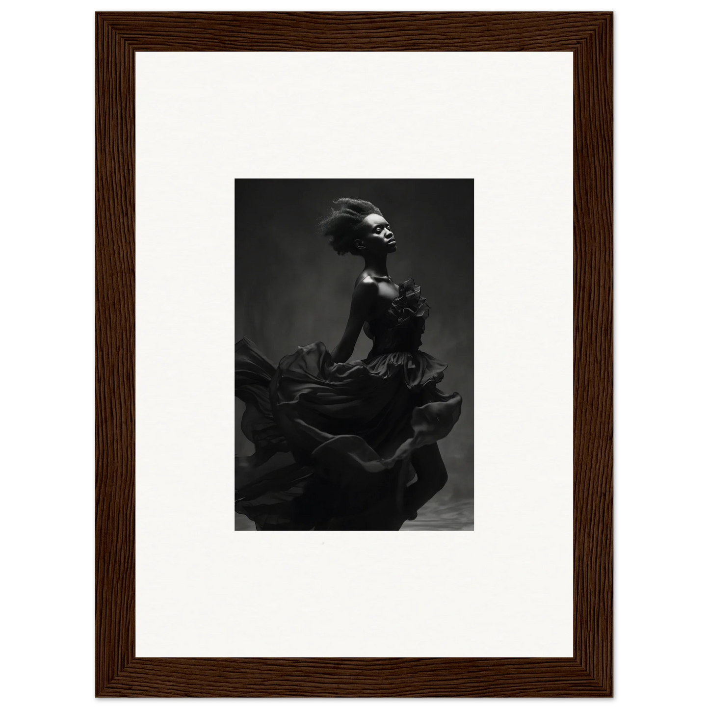 Black and white shot of a figure in a ruffled dress for Veiled Nigretto Whispers