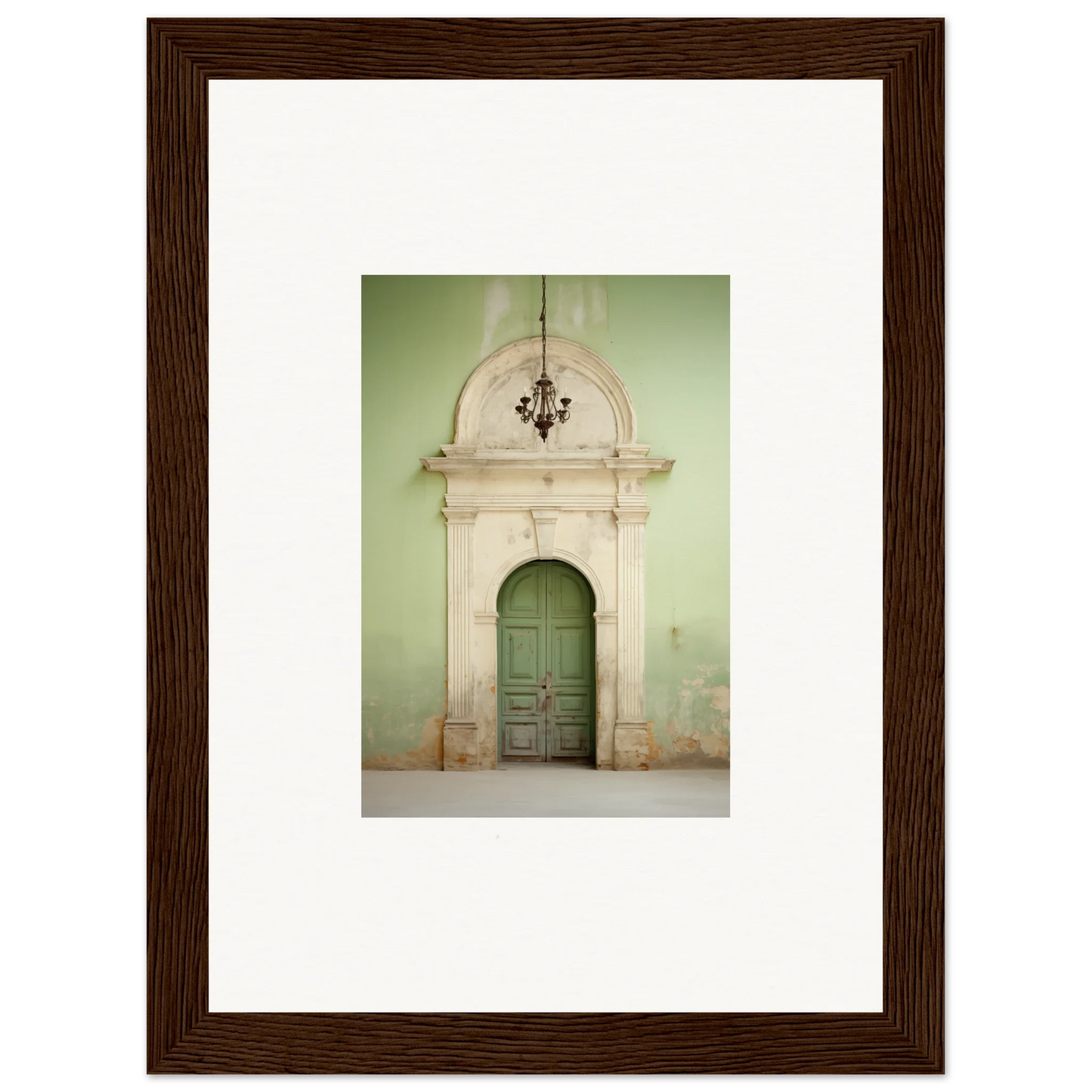 Ornate stone archway with green door showcasing Thresholds Quiet Whisper special edition art™