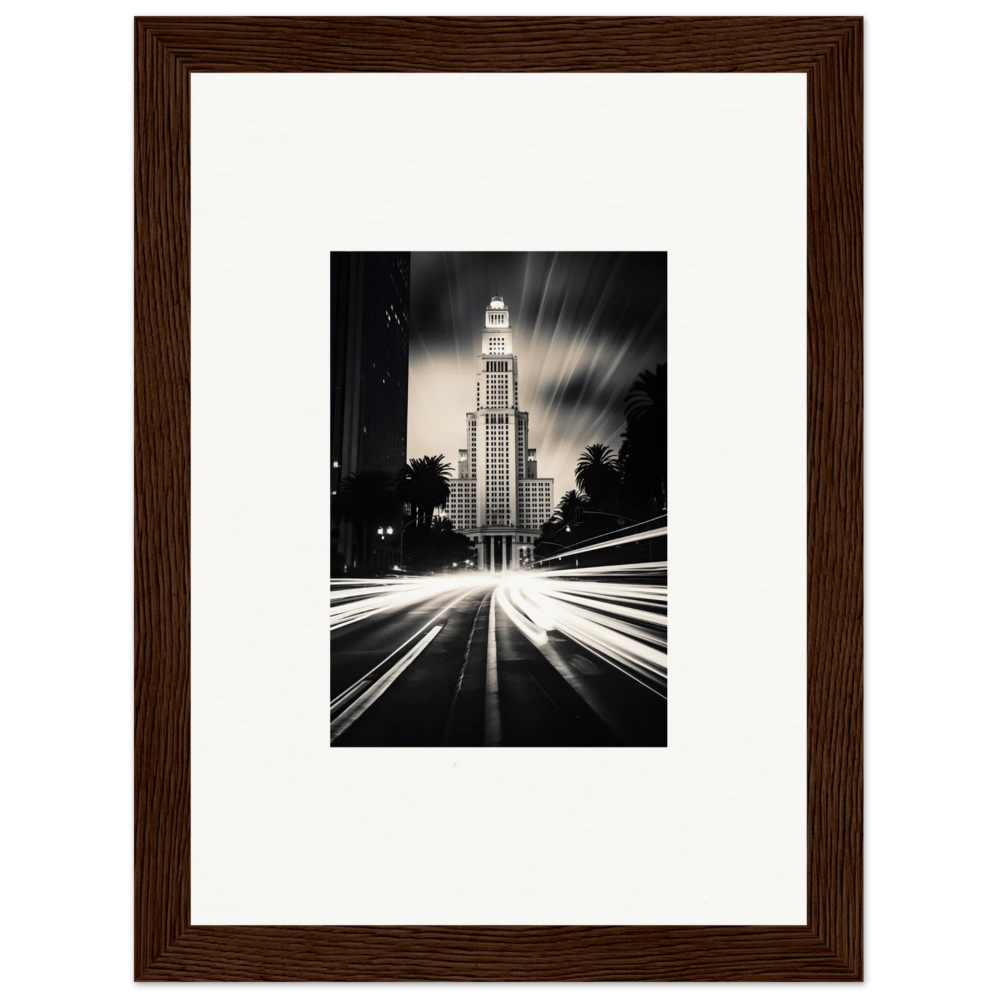 Art Deco skyscraper lit up at night with light trails for Luminescent Metropolis Beacon poster