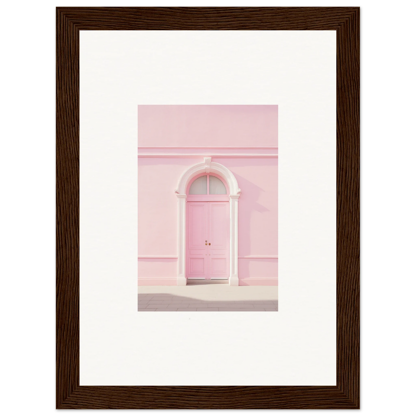 Pink door with white arch trim in Pearly Baccarat Dream framed wall art