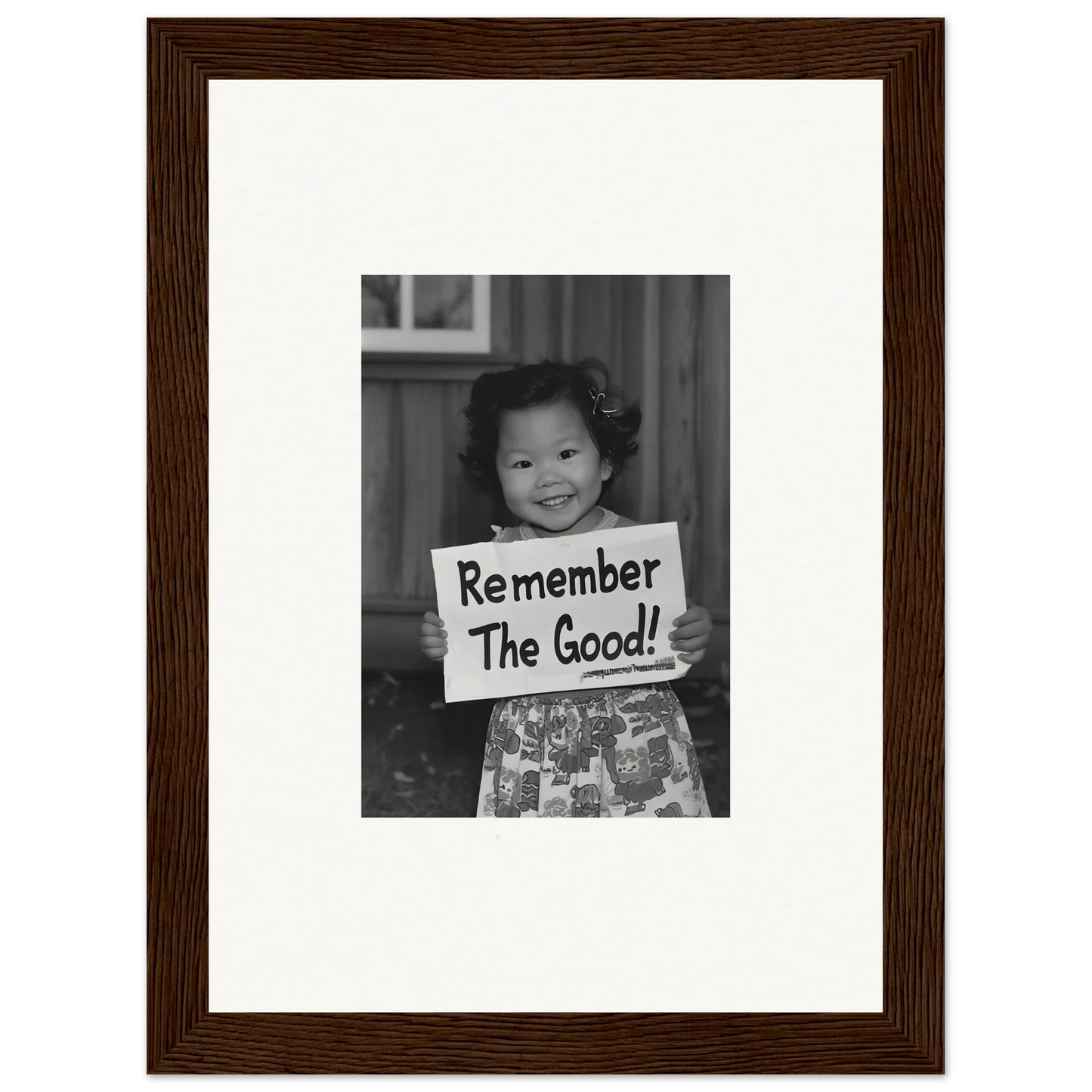 Black and white framed wall art of a sign remembering the good for Essence Savor Whispers