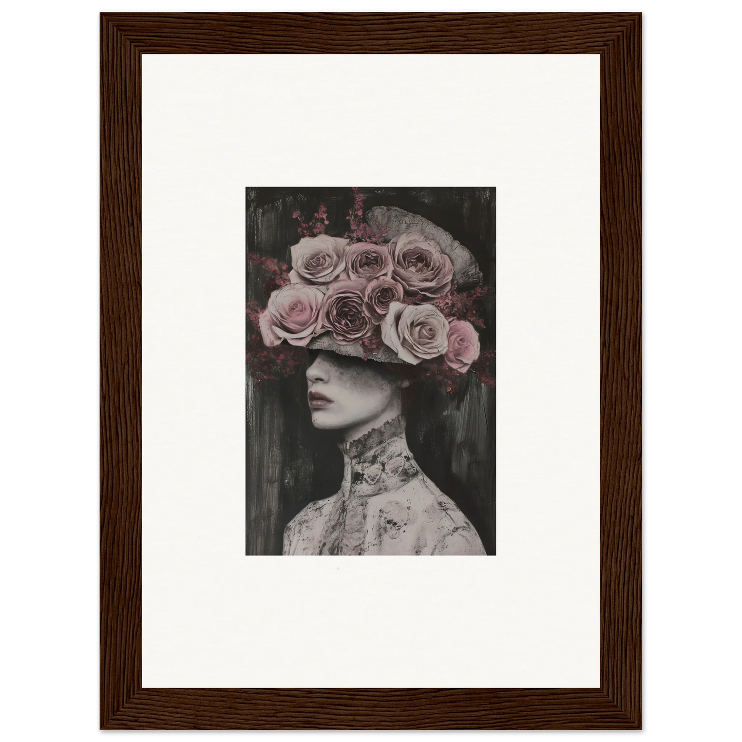 Framed black and white photo of a figure in a Floral Odyssey Veil with pink roses