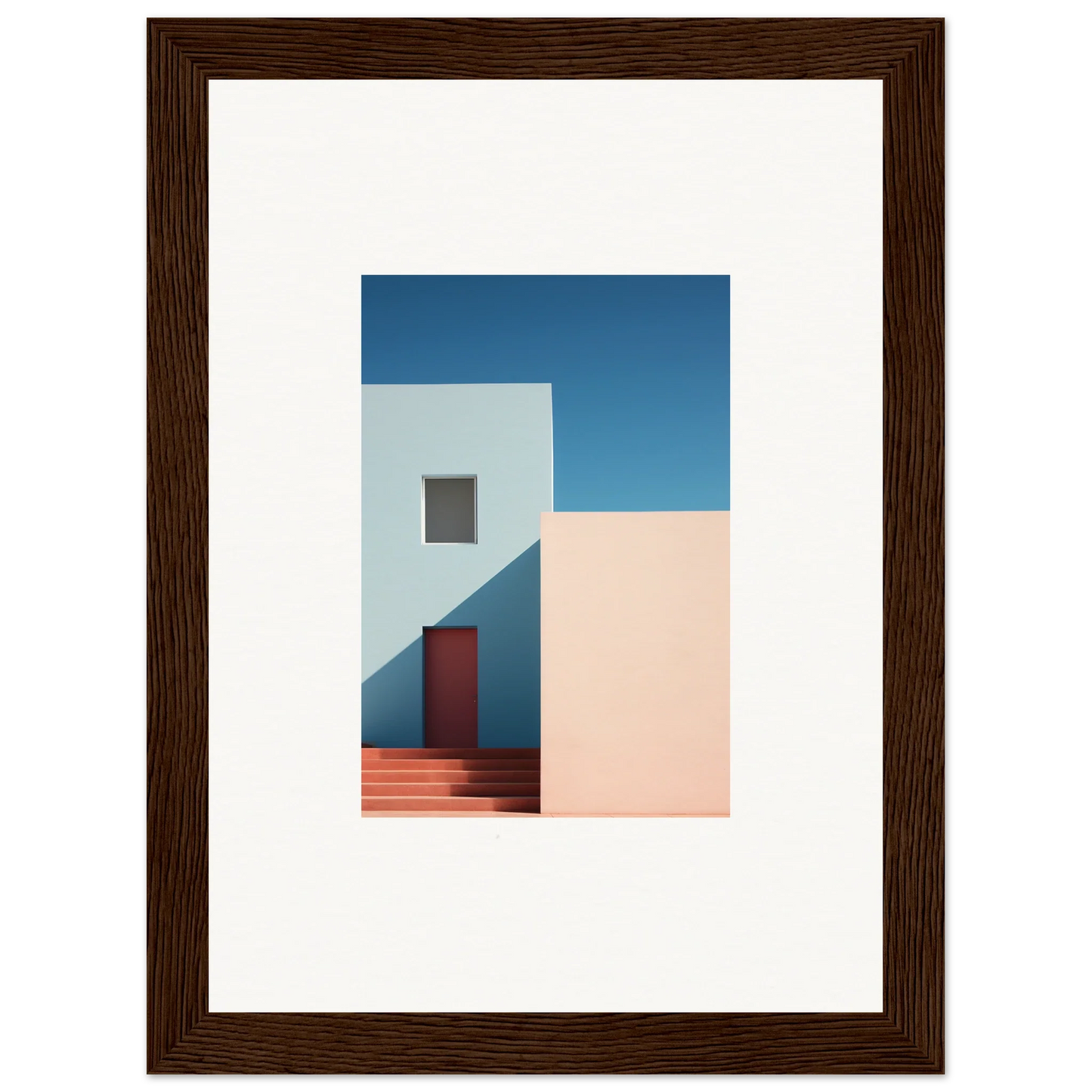 Framed minimalist architectural art with geometric shapes and a red door for premium decor