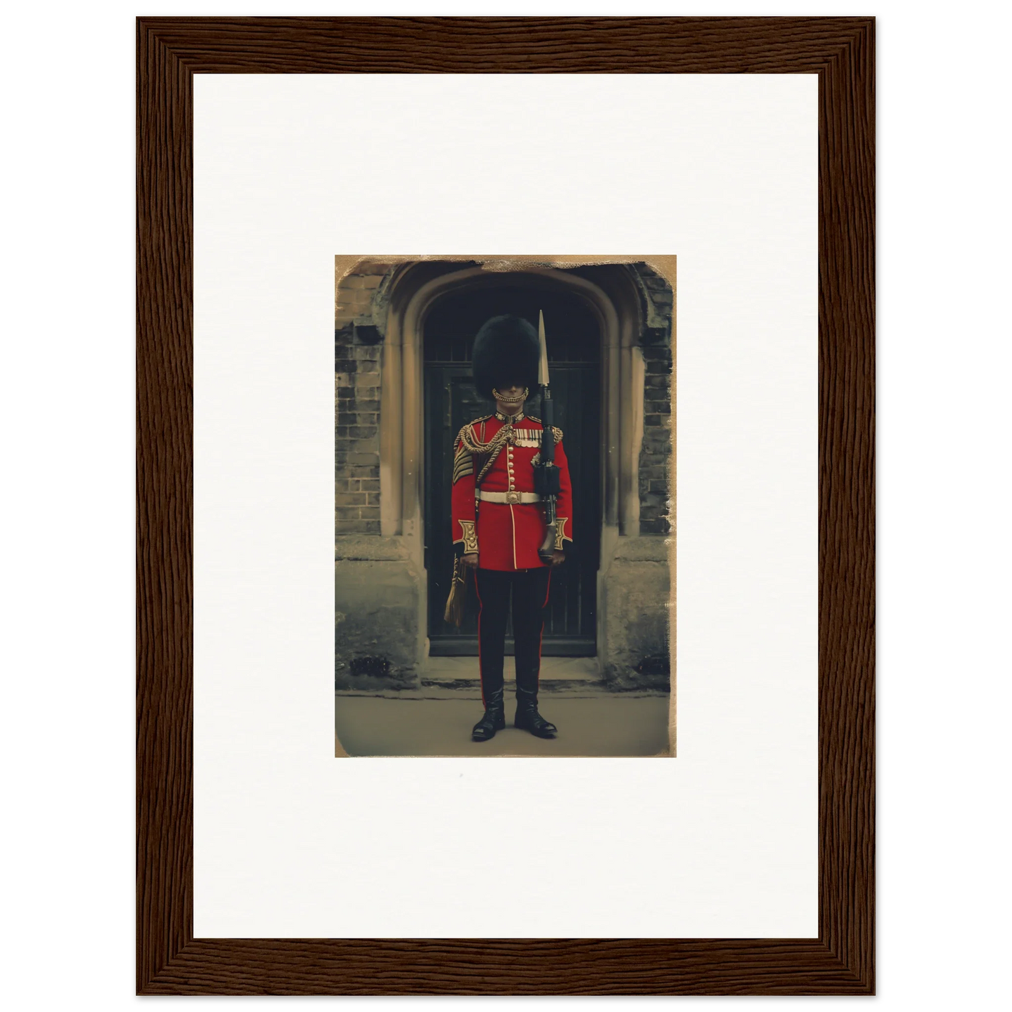 Royal guard in red uniform and bearskin hat at Solstice Brickbeard Visitor display