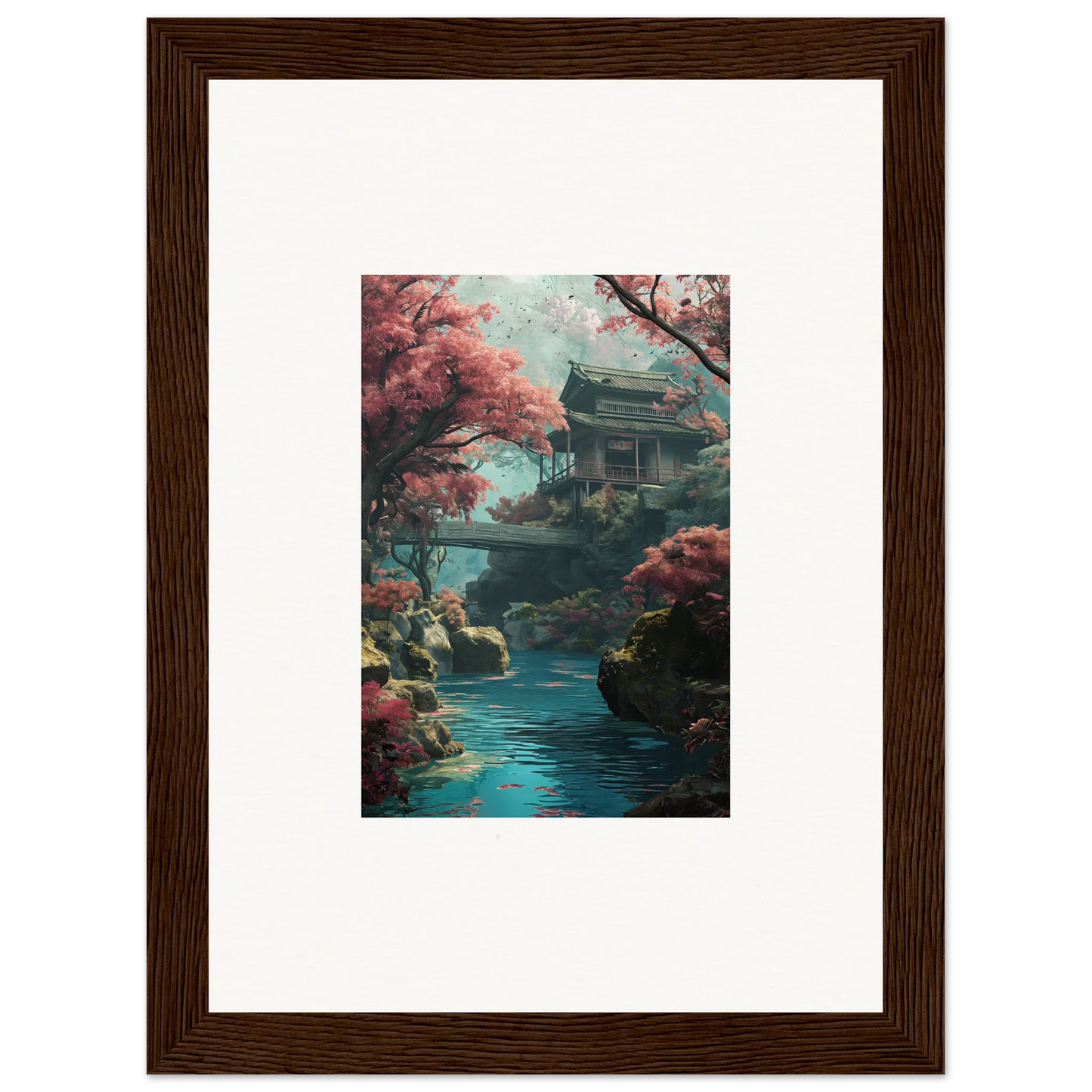 Framed Serenity’s Dreamscape art of a pagoda and cherry blossoms over a stream