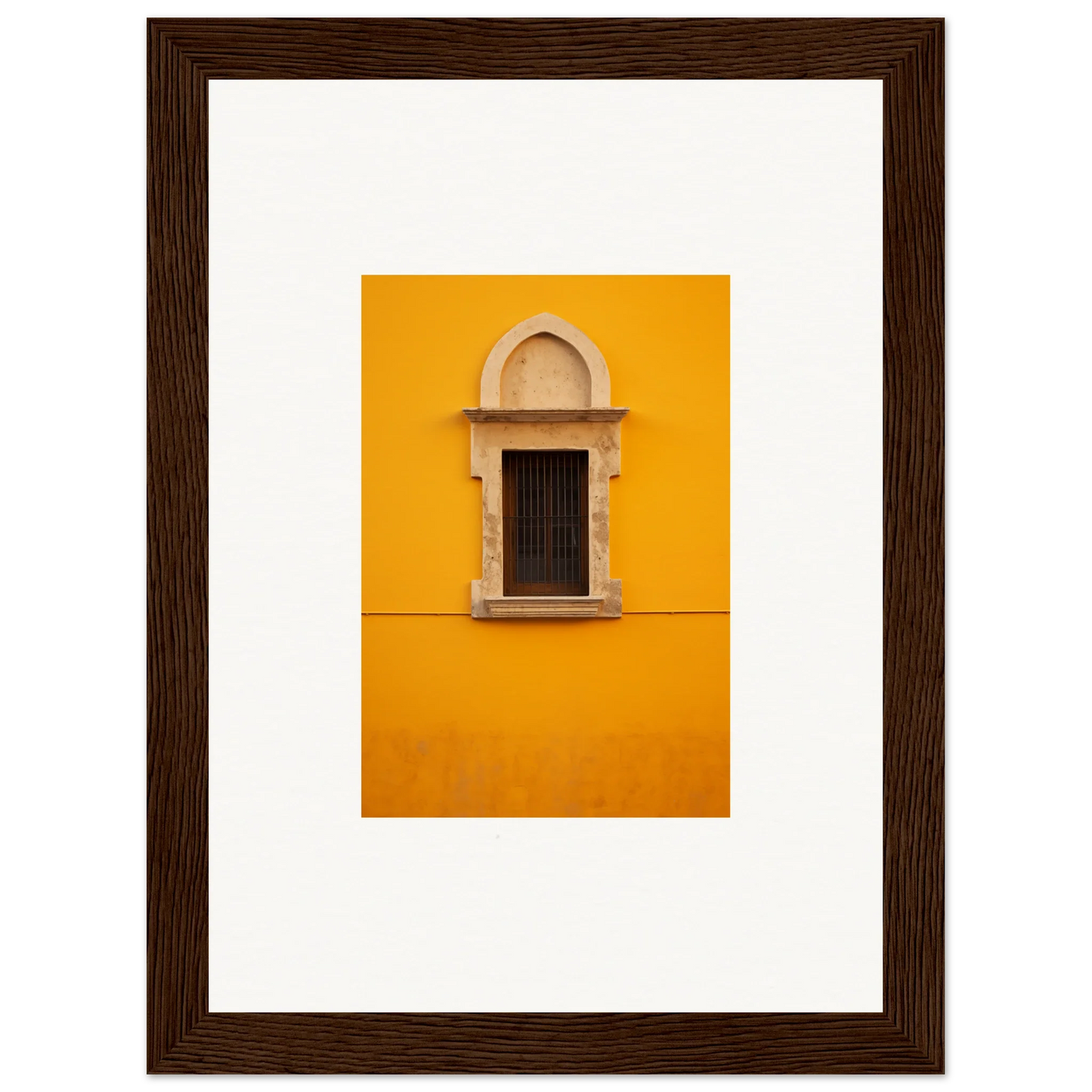 Ornate window with stone trim on a bright yellow wall from Golden Correspondence Portal
