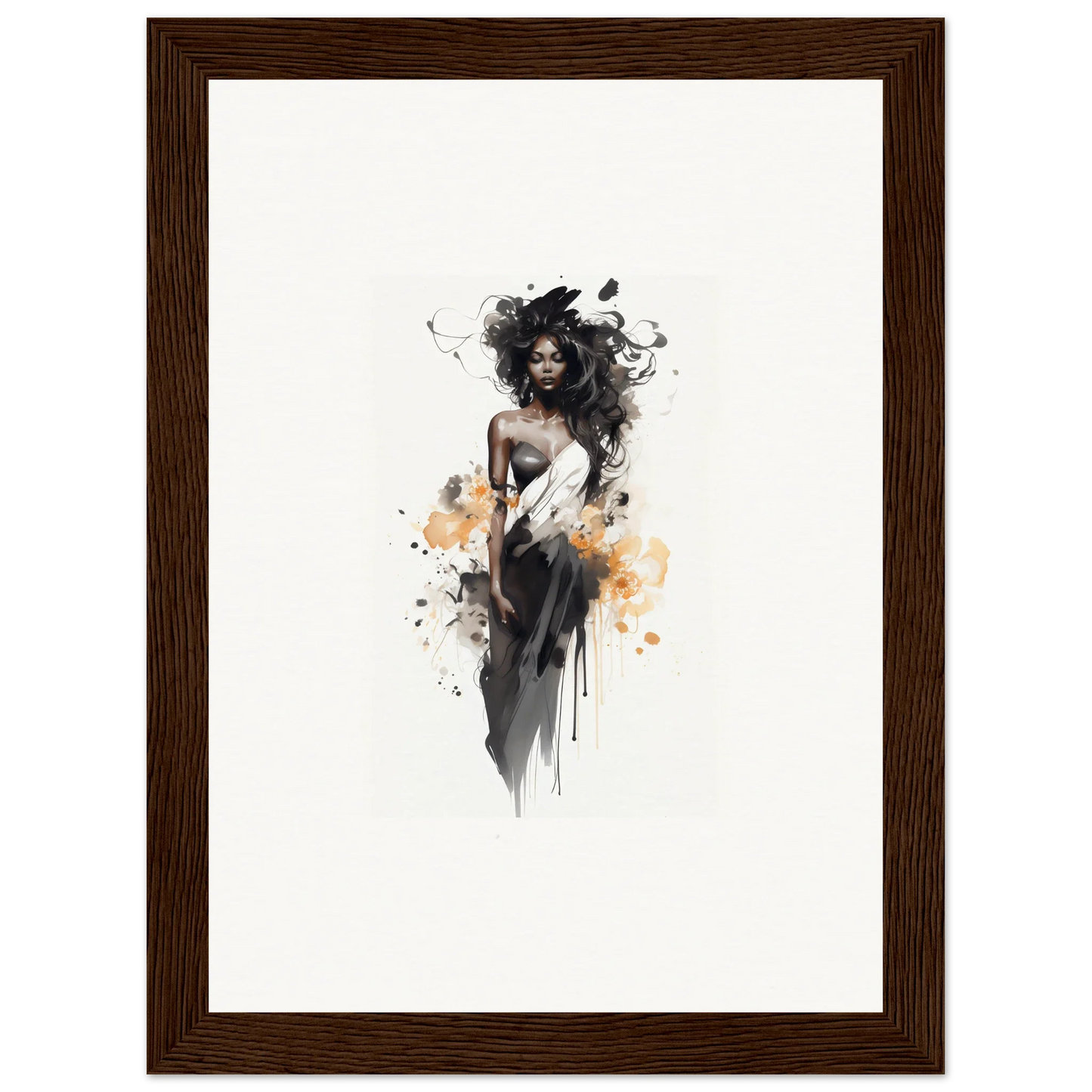 Artistic watercolor illustration of a figure in black dress for Harlequin Suns Wash