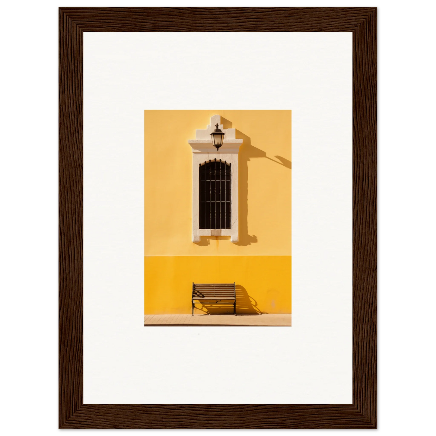 Framed photograph of a yellow wall with a window and bench for Six-light Cult Optionsky