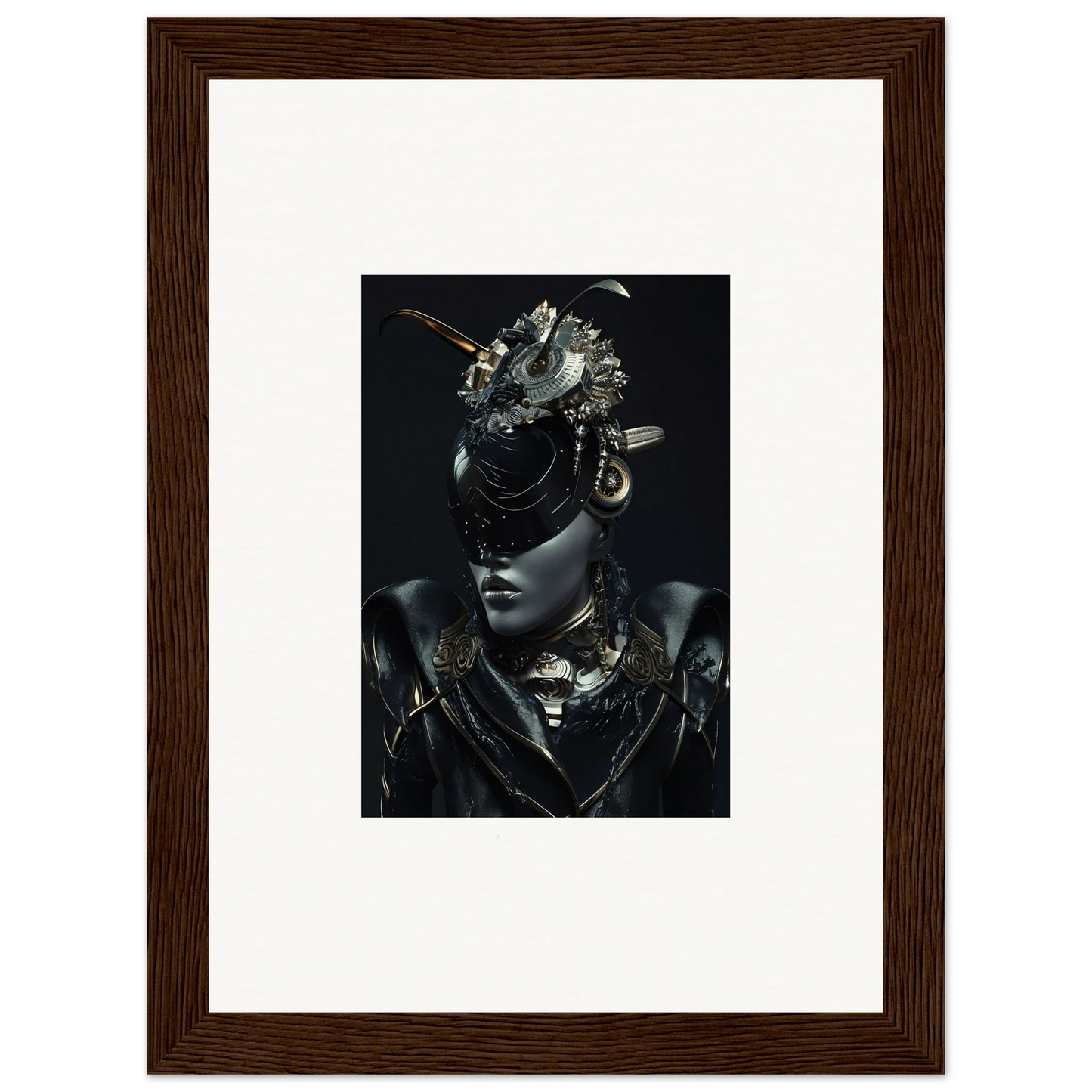 Framed wall art of a person in a metallic headdress for unique room decoration