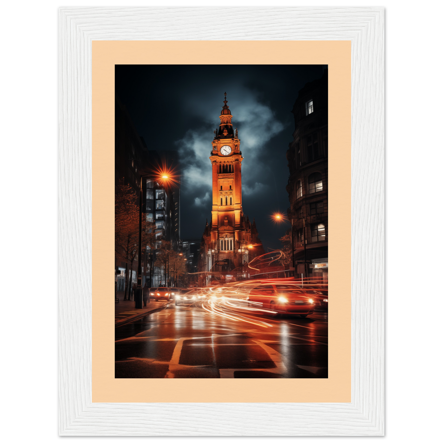 Illuminated clock tower at night with light trails from traffic below.
