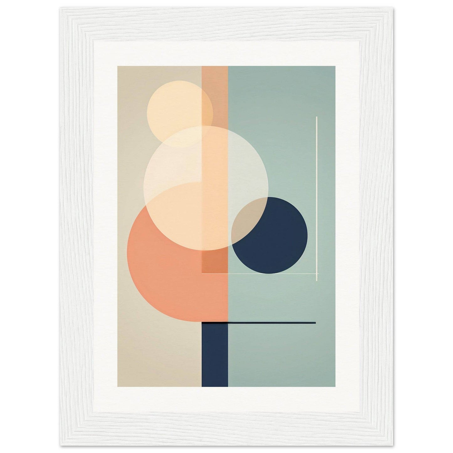 Abstract geometric artwork featuring overlapping circles and rectangles in muted pastel colors.