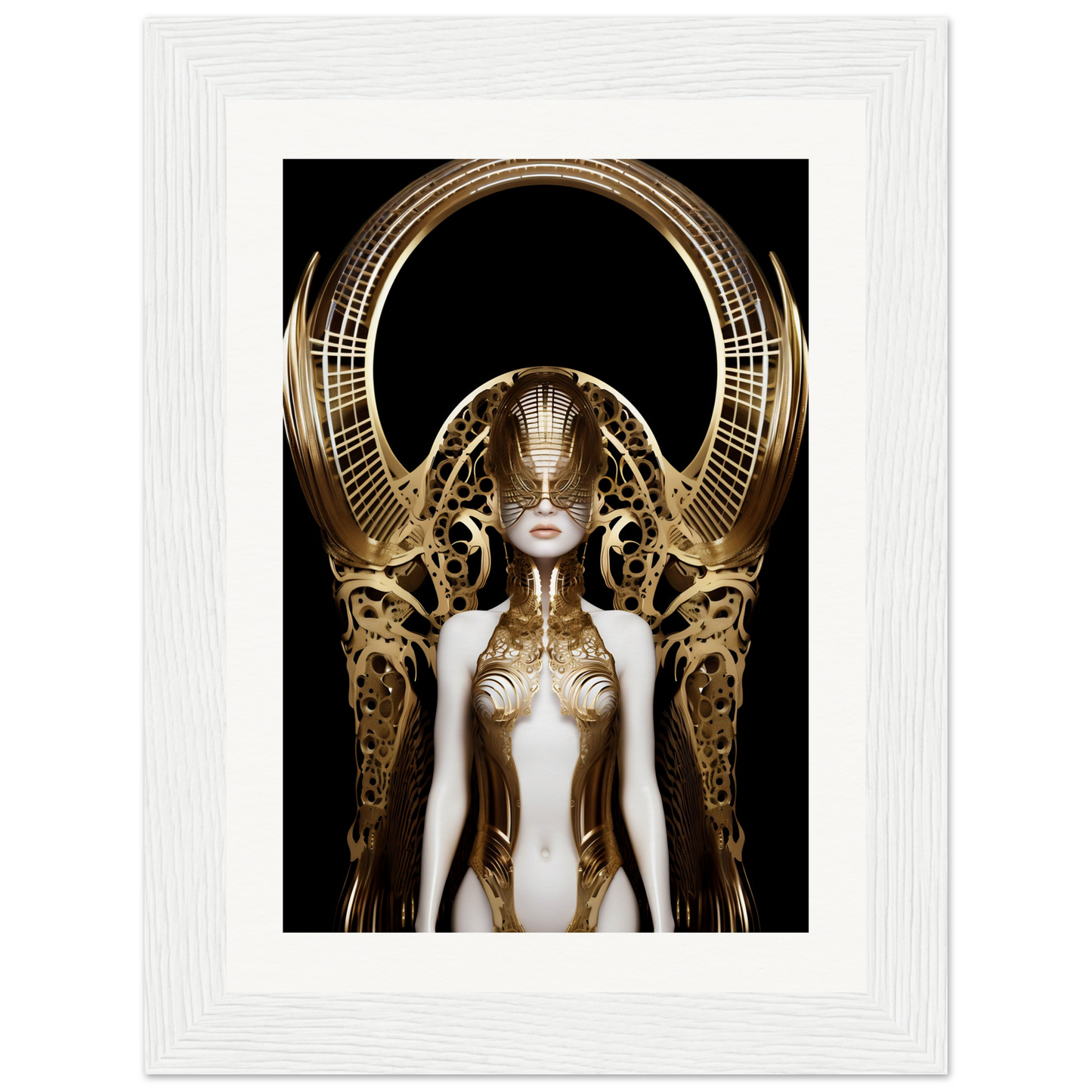 Futuristic golden-adorned feminine figure with an elaborate headdress and ornate metallic embellishments.