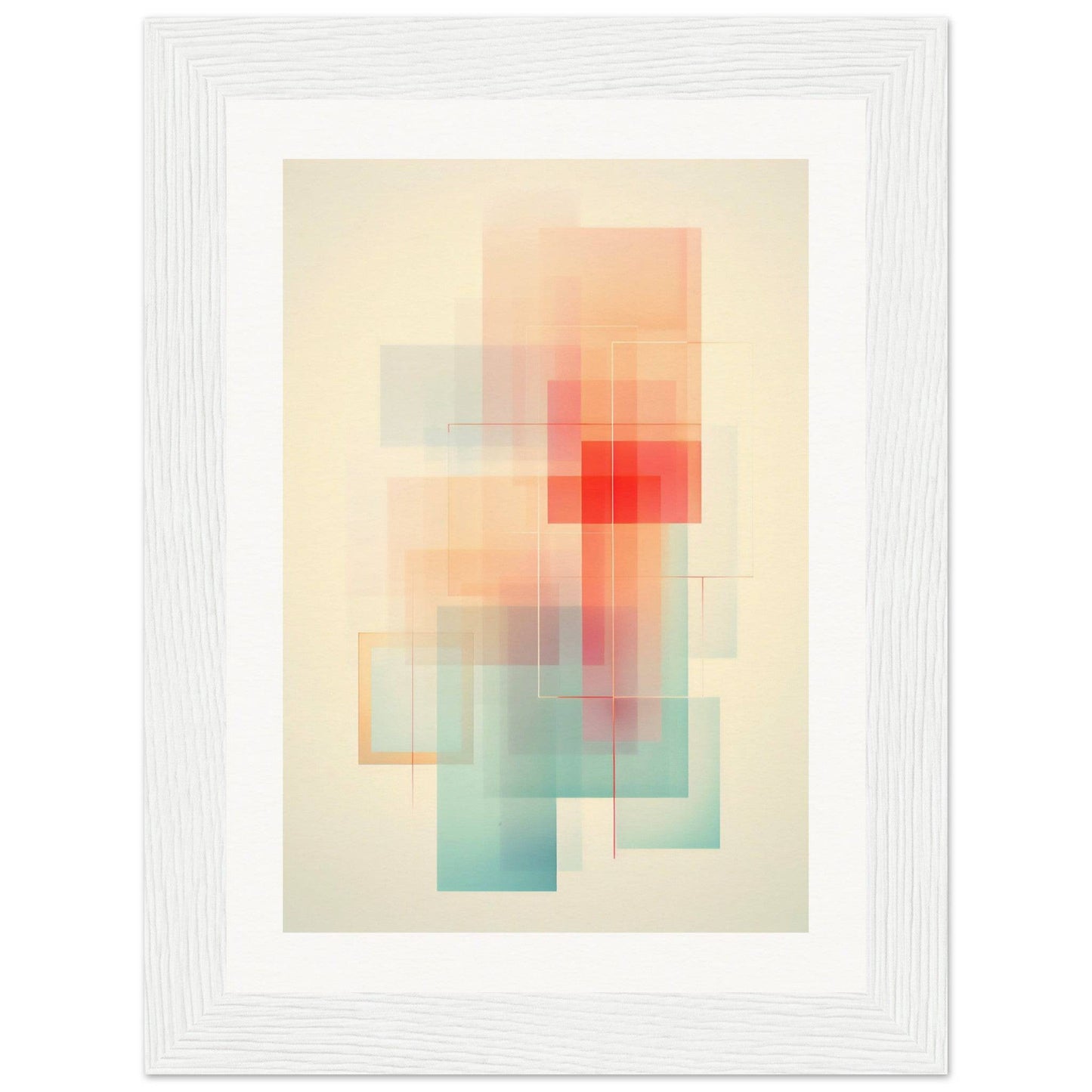 Abstract geometric artwork featuring overlapping translucent rectangles in soft pastel colors.