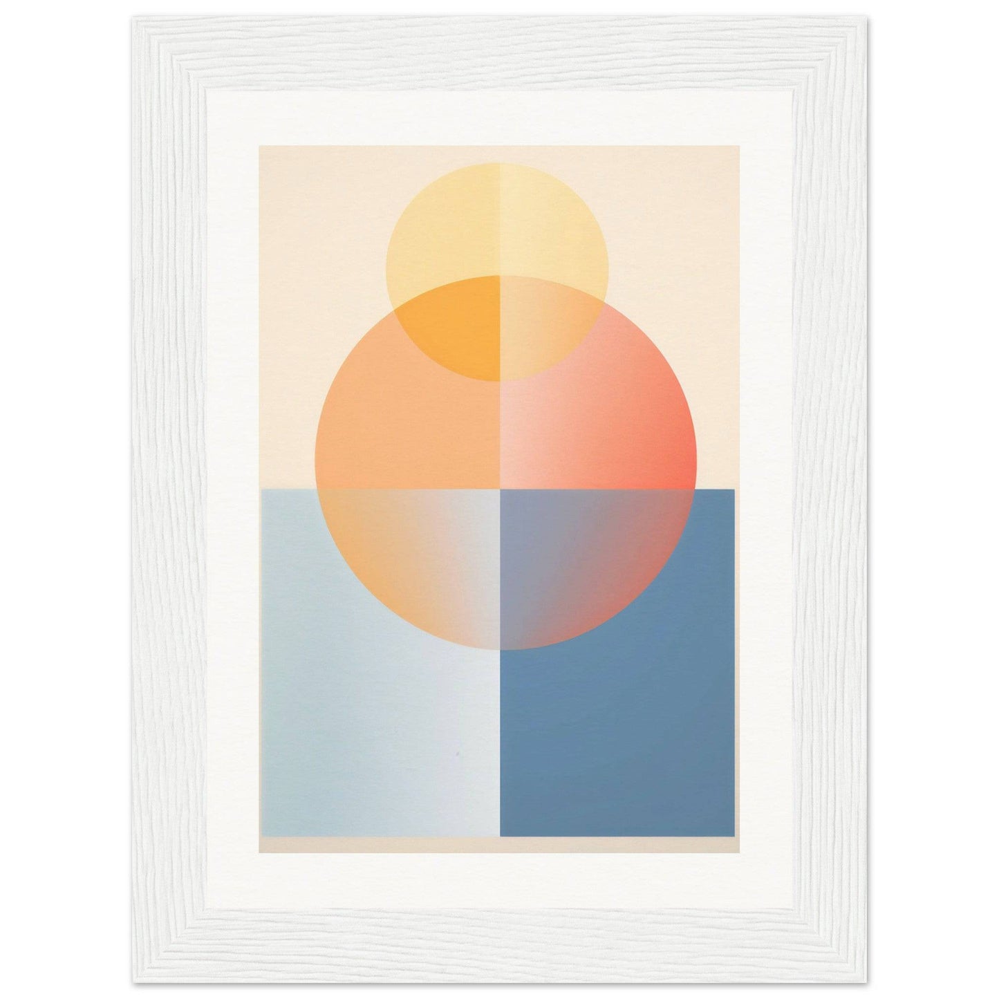 Abstract geometric composition featuring overlapping circles and rectangles in pastel colors.