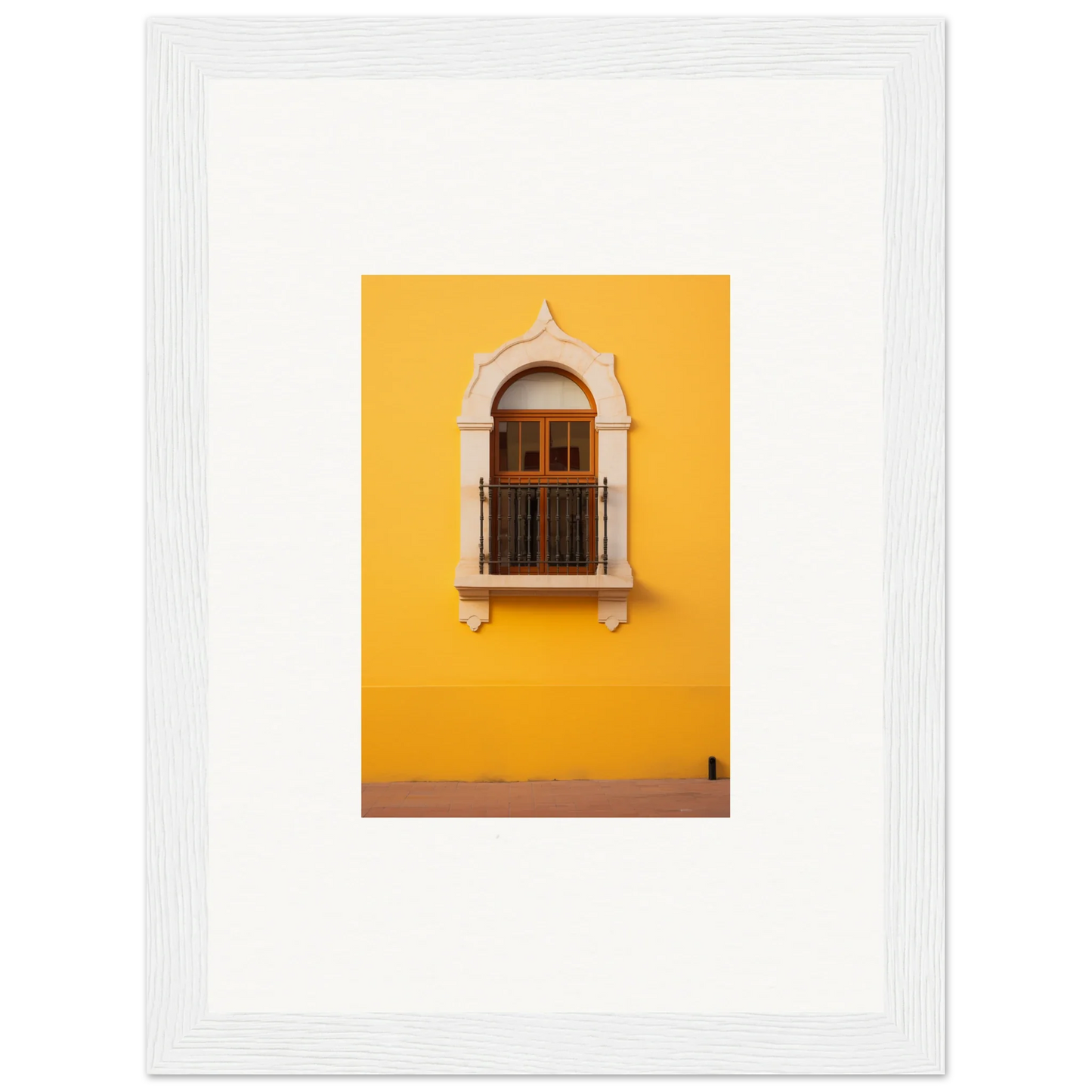 Arched window with wooden shutters on a yellow wall in Golden Portal Reverie art piece
