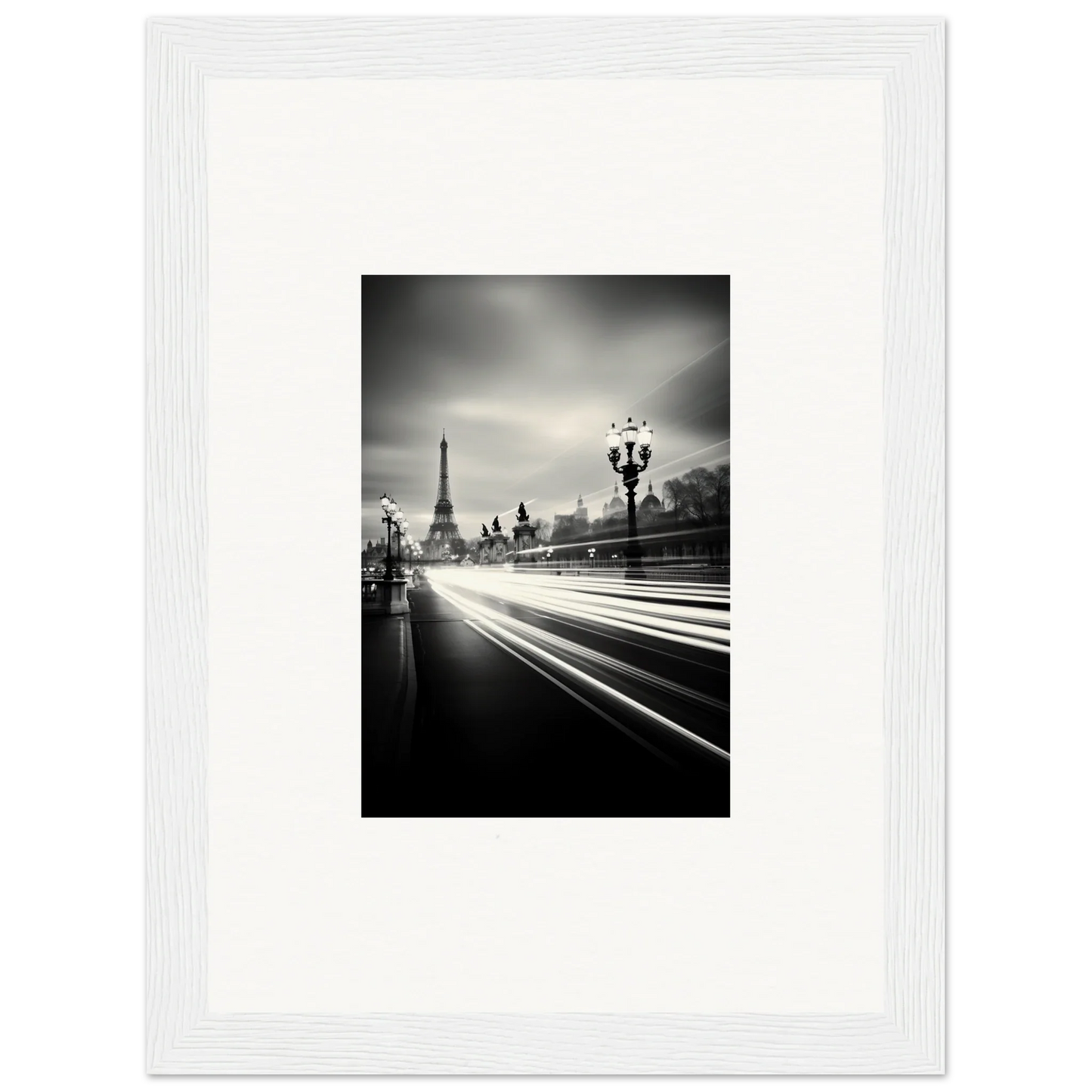 Black and white Eiffel Tower photo with light trails, perfect for framed wall art