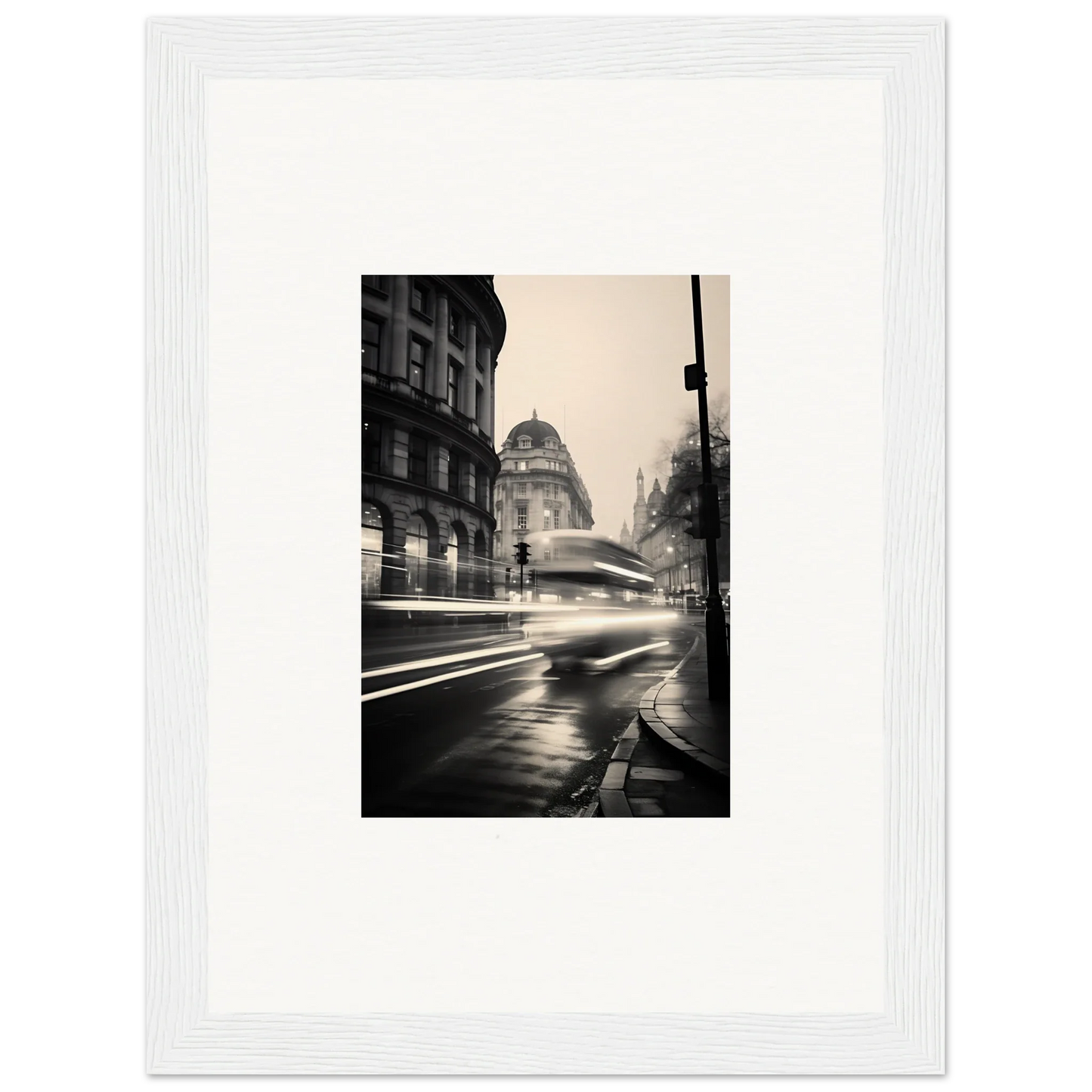 Black and white city street in the rain with blurred car lights from Ethereal Citypulse Reverie