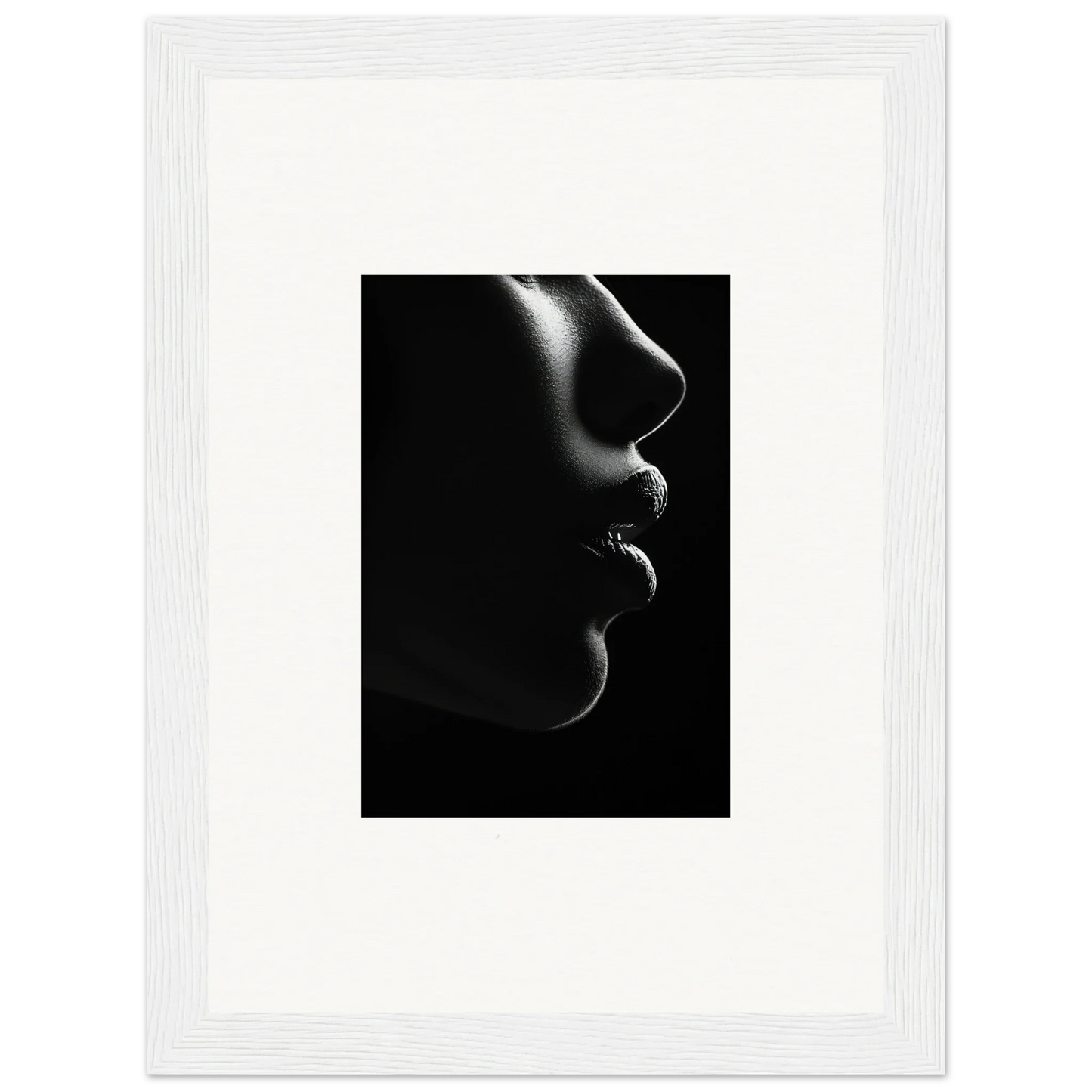 Side profile silhouette in dramatic lighting for Silver Twilight Whispers framed poster