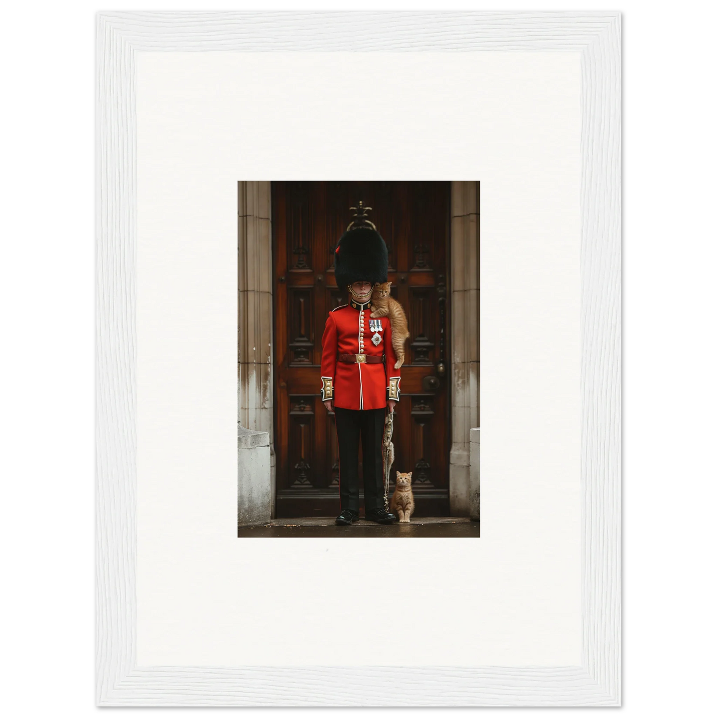 British Royal Guard in red uniform with a cat in God Save art, premium framed wall piece