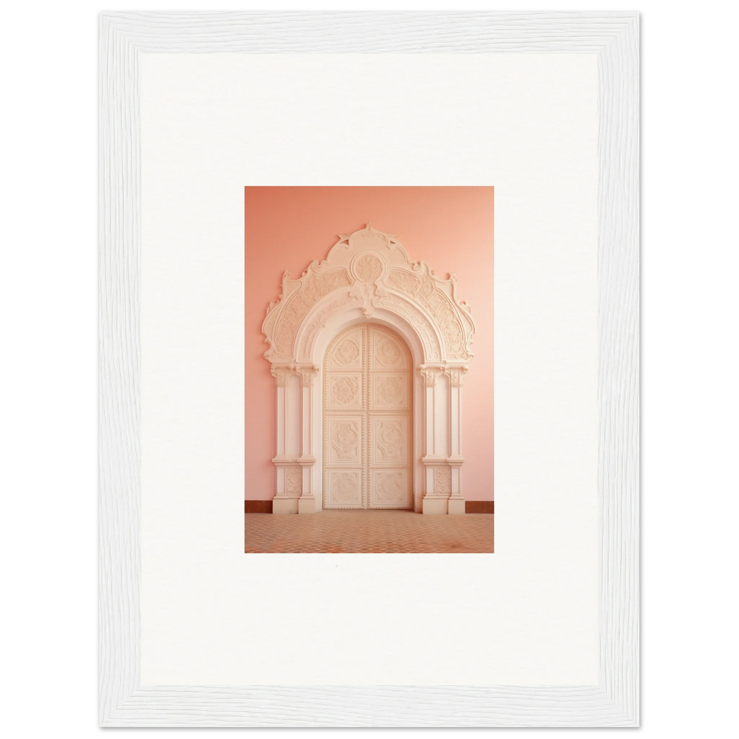 Ornate arched doorway in pale pink, featured in Patio Reverie Sleutelenv framed wall art