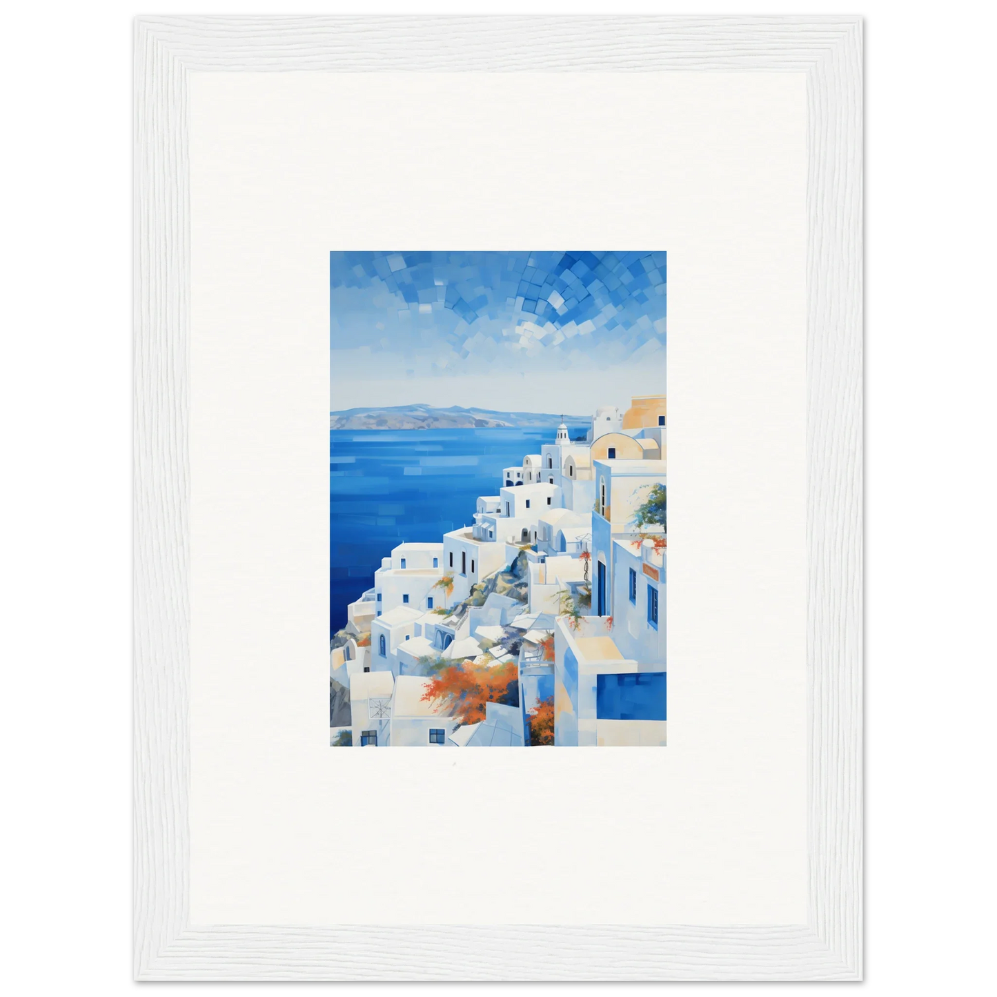 Framed wall art of white buildings in Santorini for Ethereal Azure Echoes collection