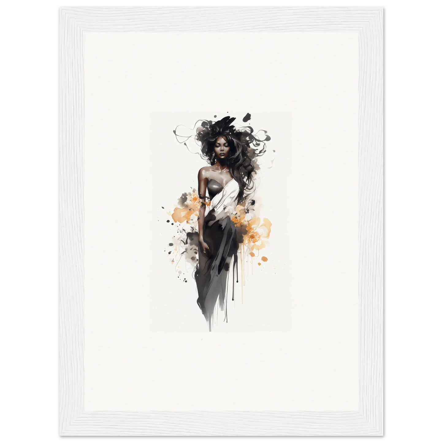 Artistic watercolor illustration of a graceful figure in black dress for Harlequin Suns Wash