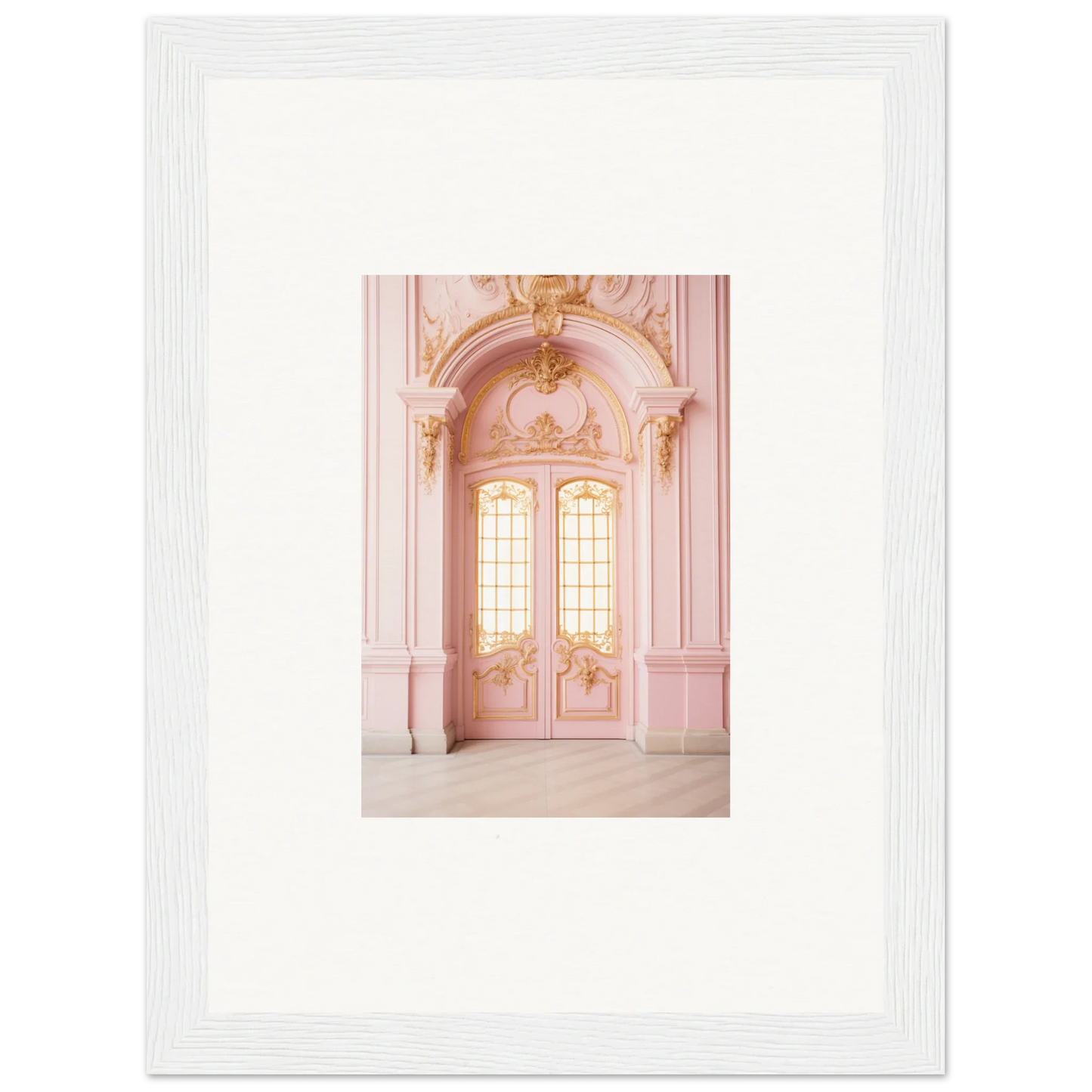 Ornate pink double doors with Rococo details in Ethereal Rose Haven framed wall art