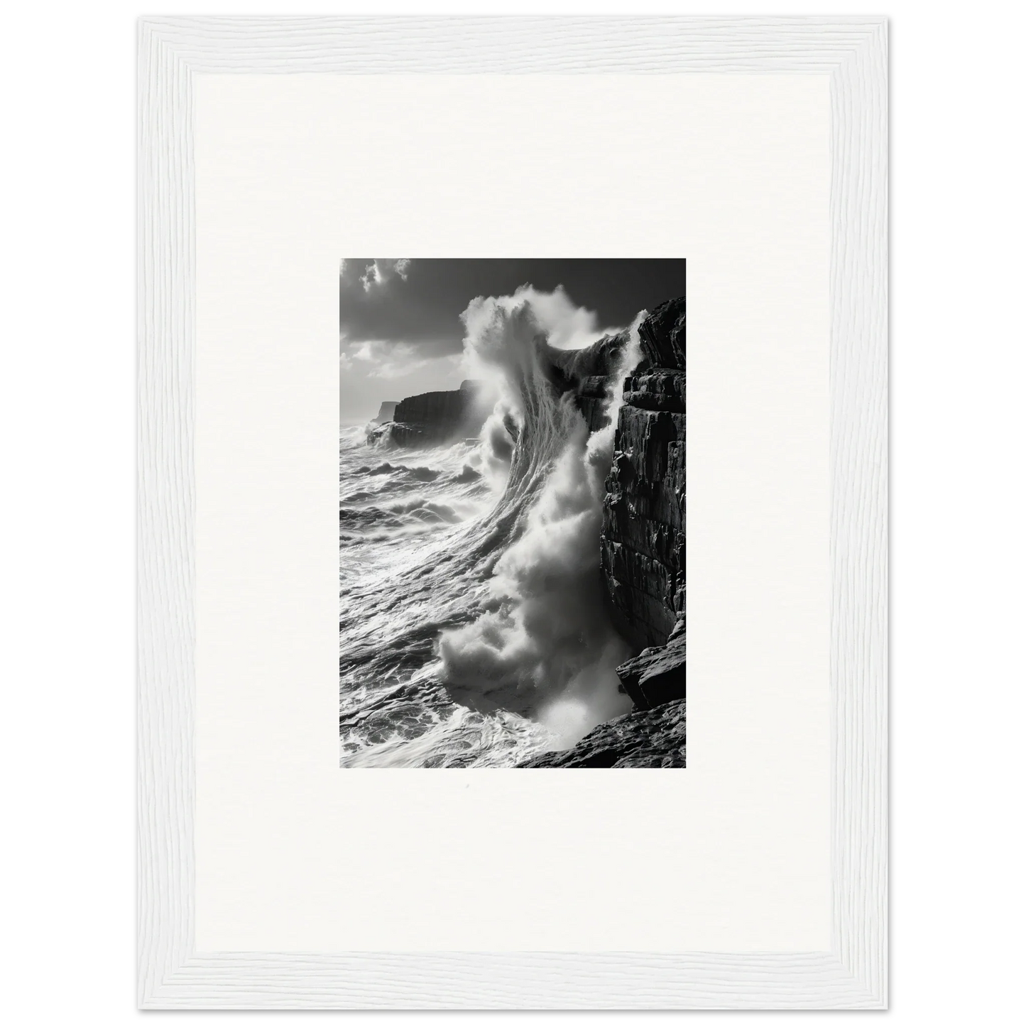 Powerful ocean wave crashing on rocky cliff in Tidal Curved Reality framed wall art