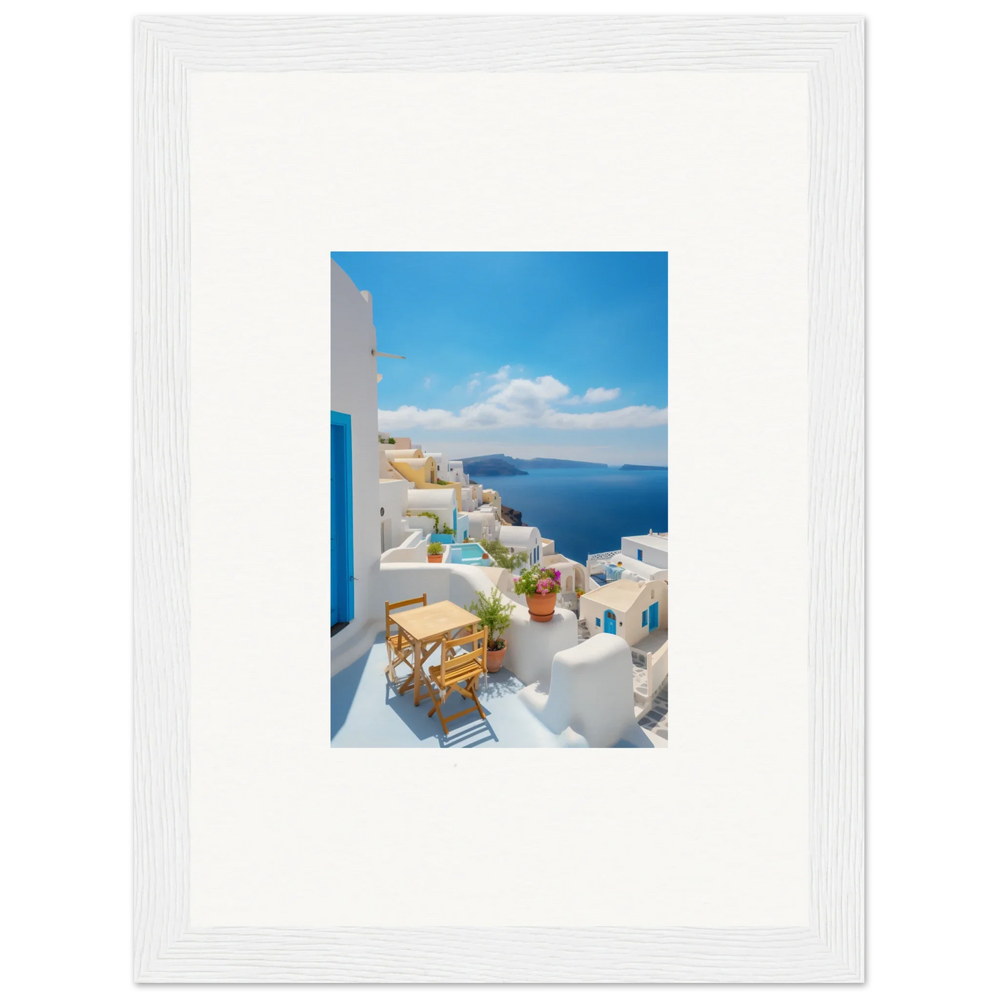 Framed poster of Santorini’s white buildings and blue sea in Dream-Touched Odyssey art