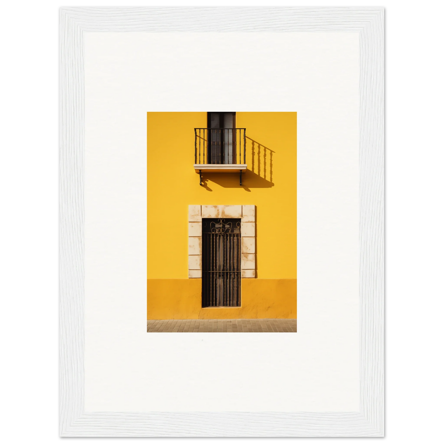 Yellow building facade featuring a black door and balcony in Sun Custard Symphonies