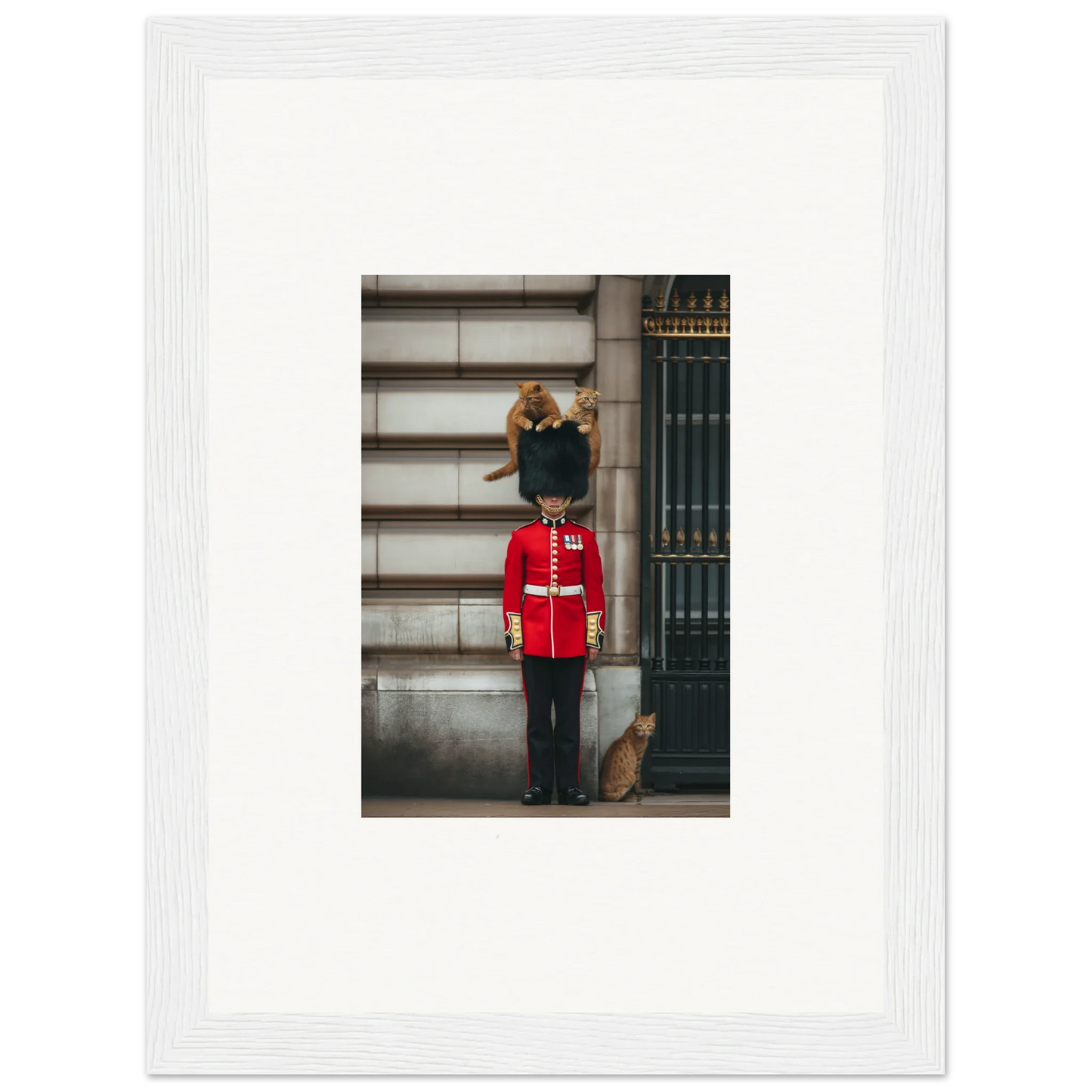 Ginger cat lounging on a Queen’s Guard uniform in Sensational Sentinels’ Playground art