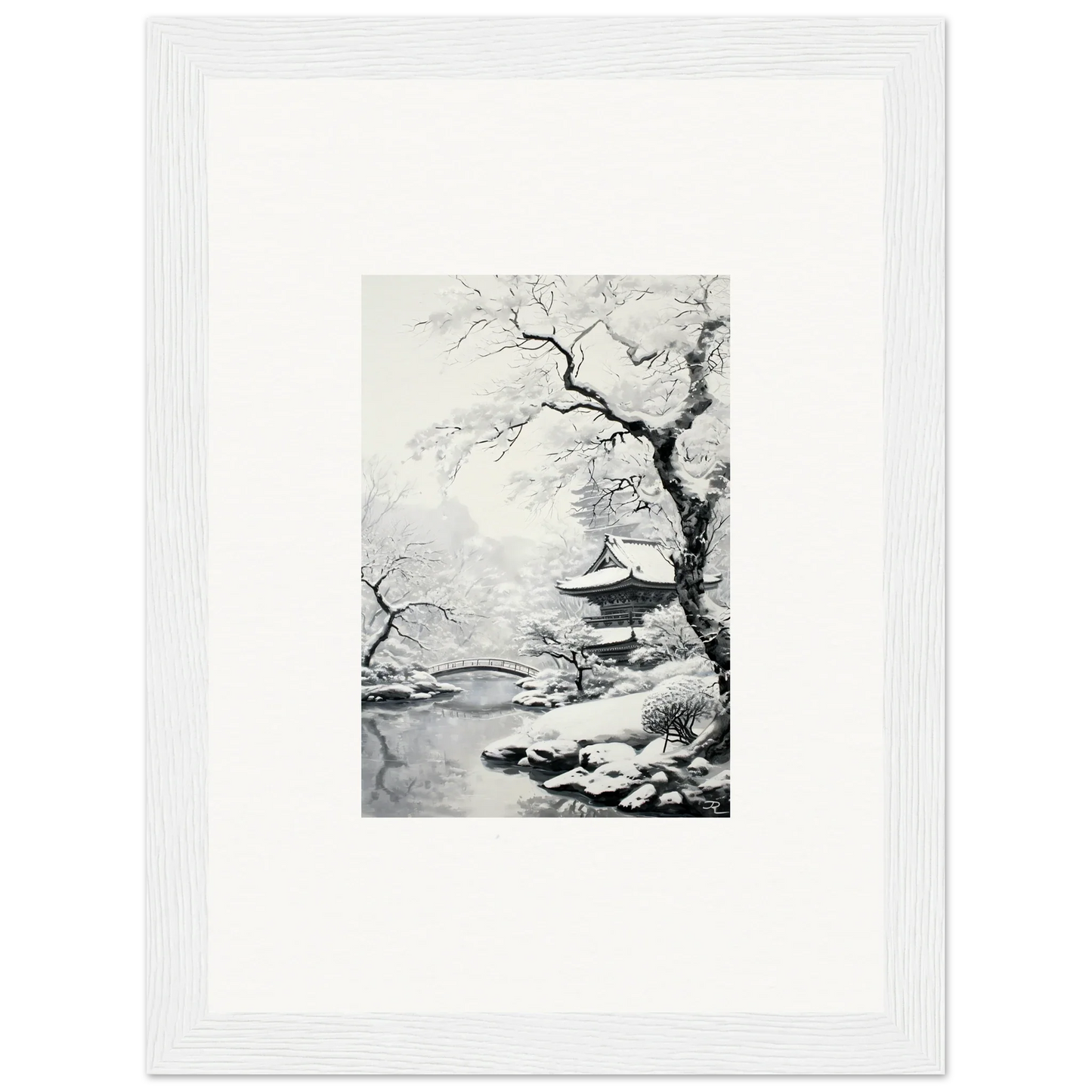 Black and white winter landscape art featuring a snow-covered tree and pagoda for Winter Embrace Whisper