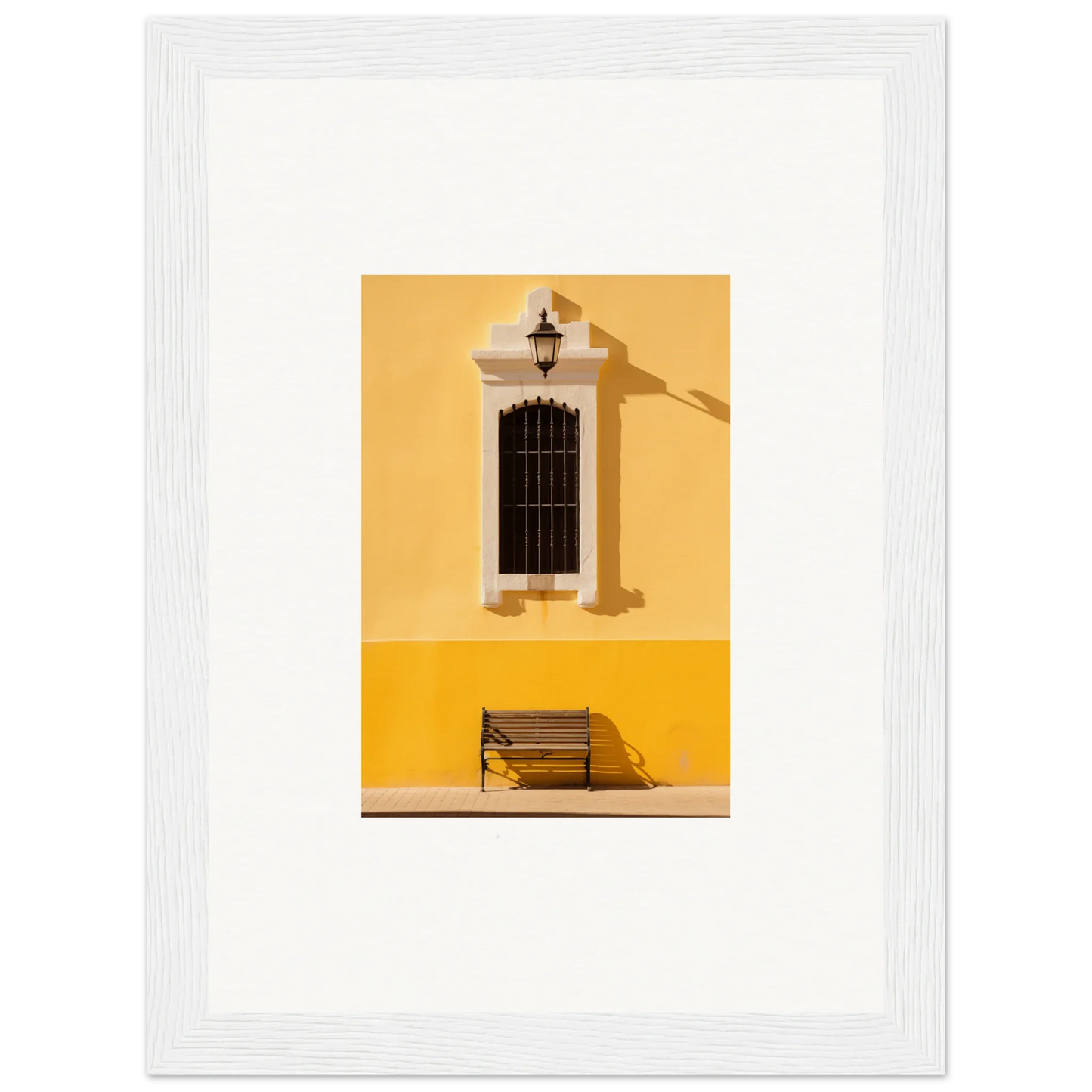 Wooden bench by a barred window on a yellow wall with Six-light Cult Optionsky art