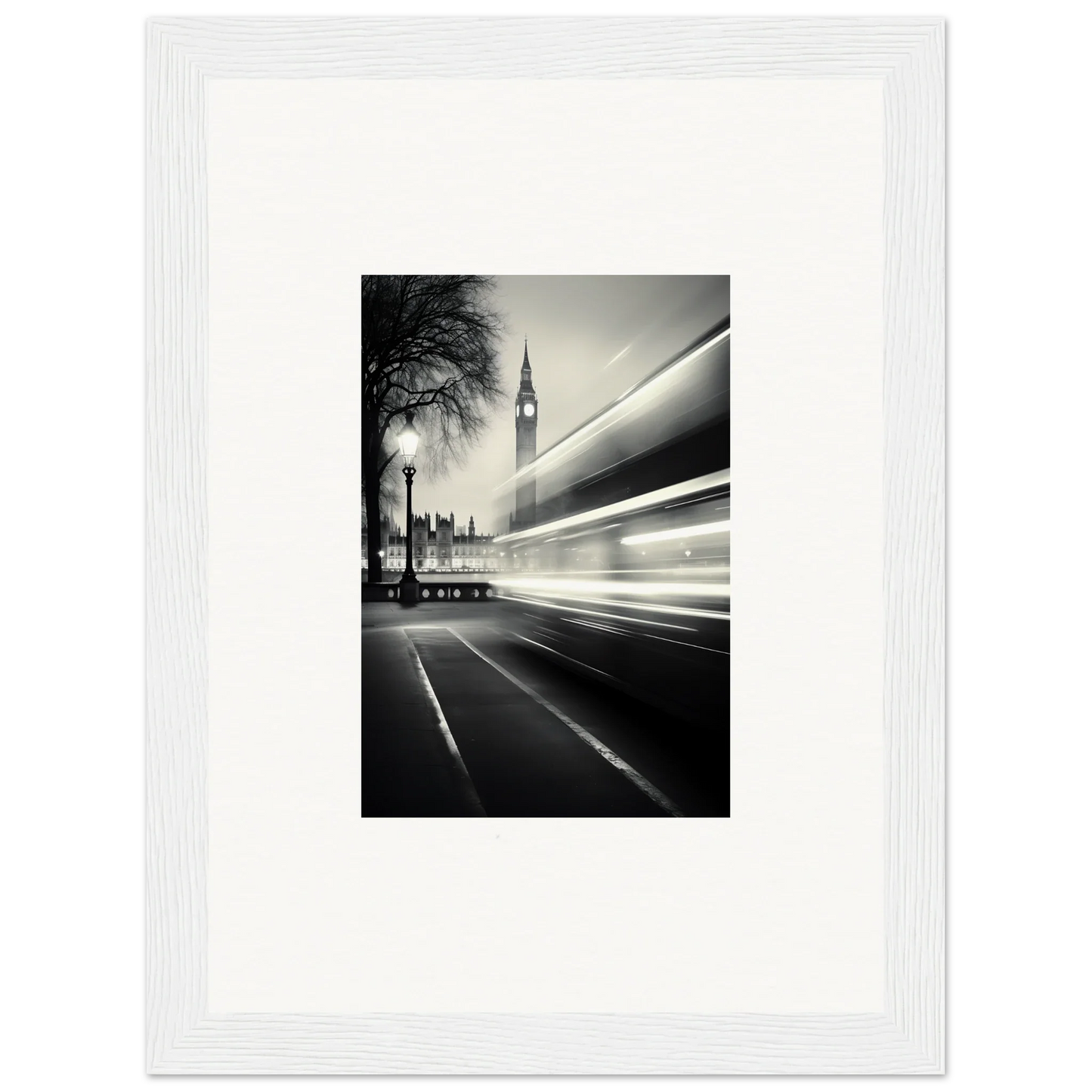 Black and white photo of Big Ben with light trails in Fluid Timeless Pulse framed wall art