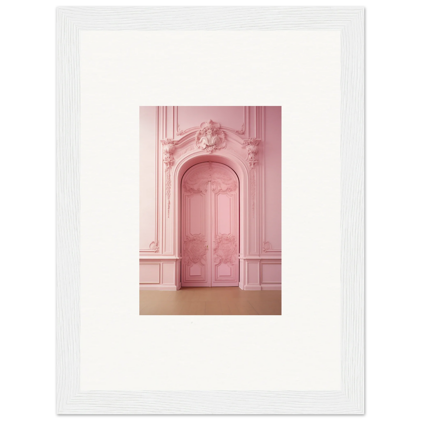 Ornate pink door with baroque molding from Gentle Whims Myths premium framed wall art