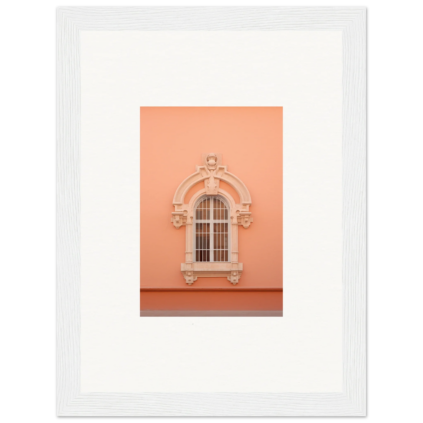 Opulent Dualities Neoclassical ornate arched window on a peach wall with elegant molding