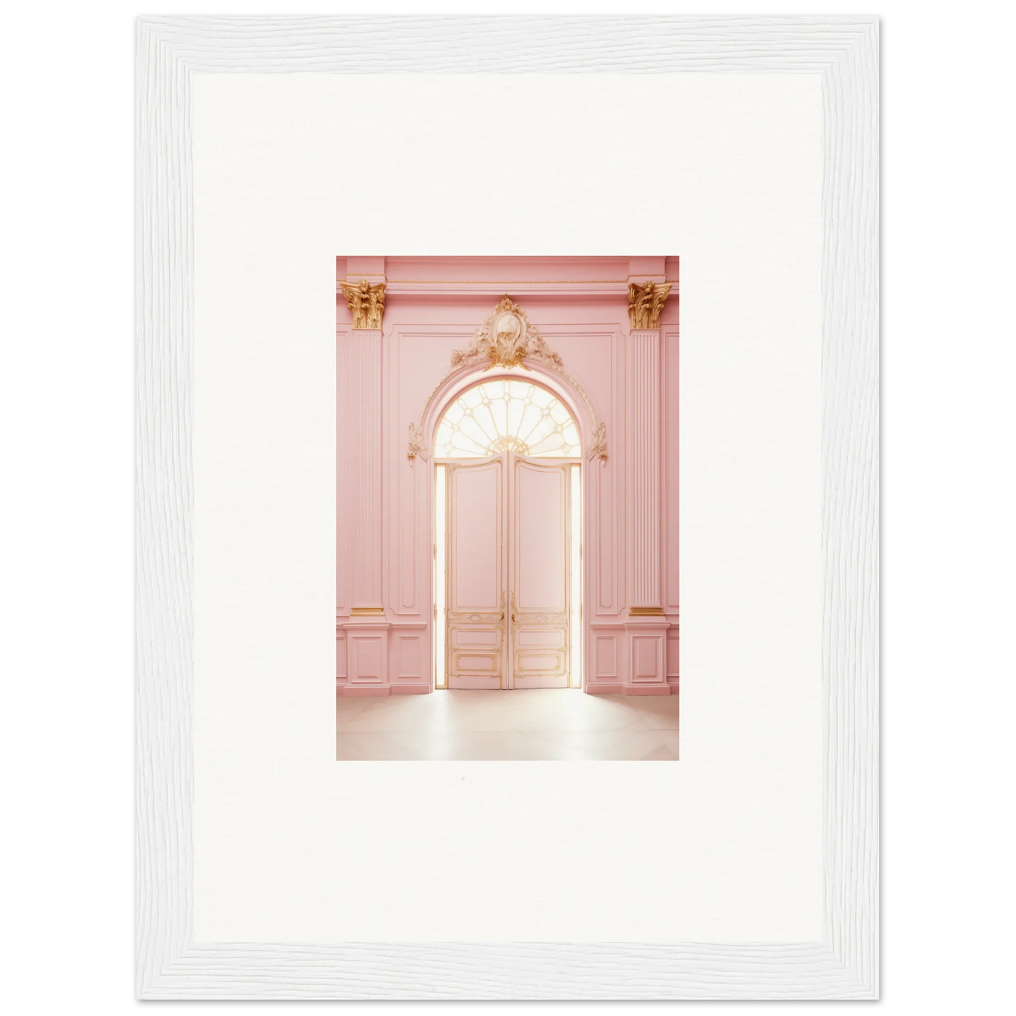 Ornate pink door with gold details in Luminous Dreams Portal framed wall art