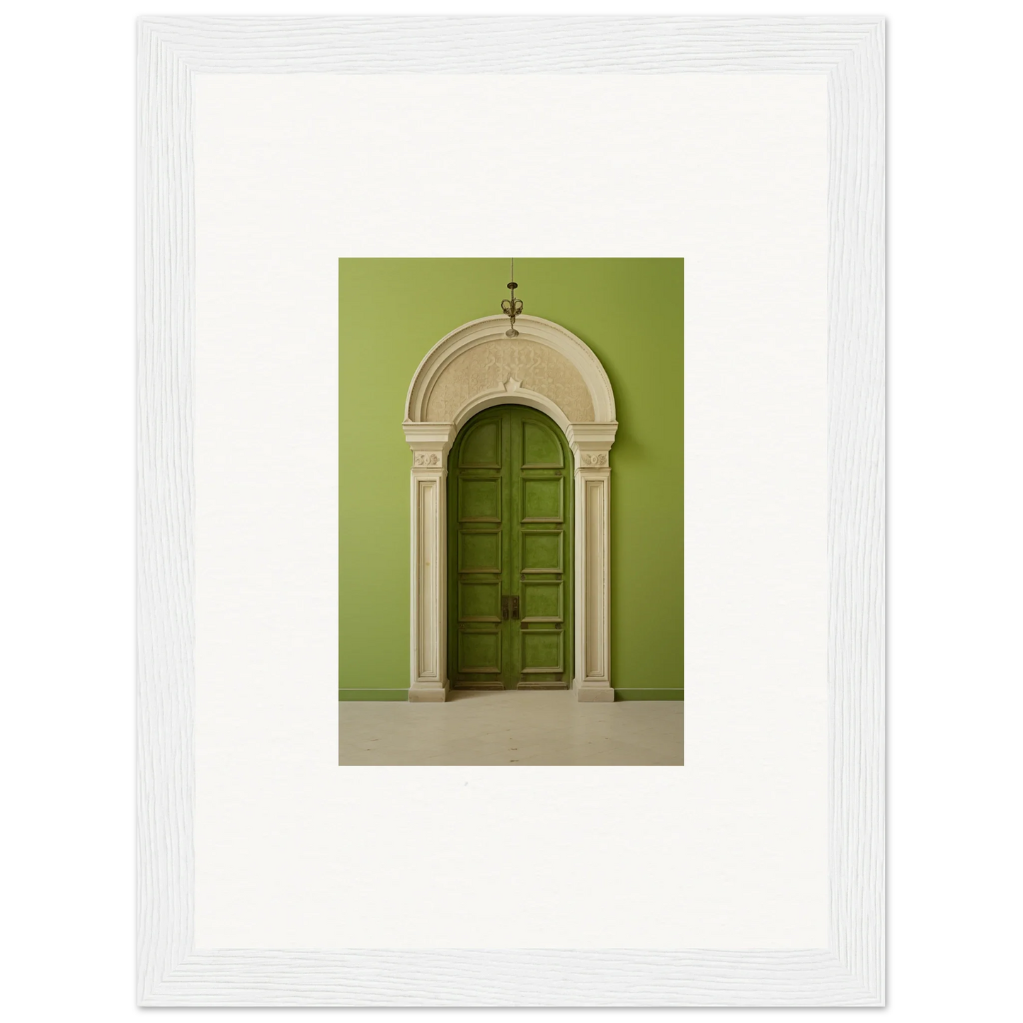 Elegant arched green door with white stone trim, part of the Verdant Luminary Portal art
