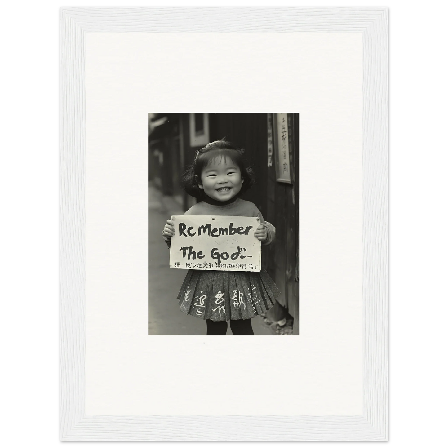 Child holding a sign in black and white for Sacred Smile Echoes special edition art™
