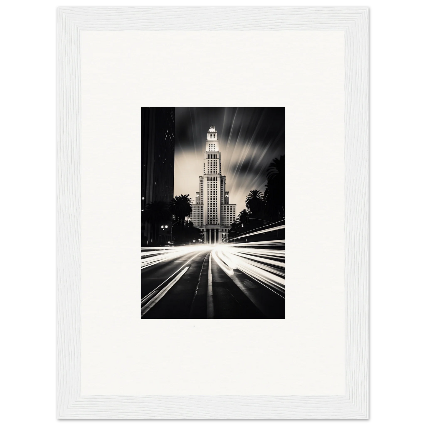 Art Deco skyscraper glowing with light trails, featured in Luminescent Metropolis Beacon framed posters