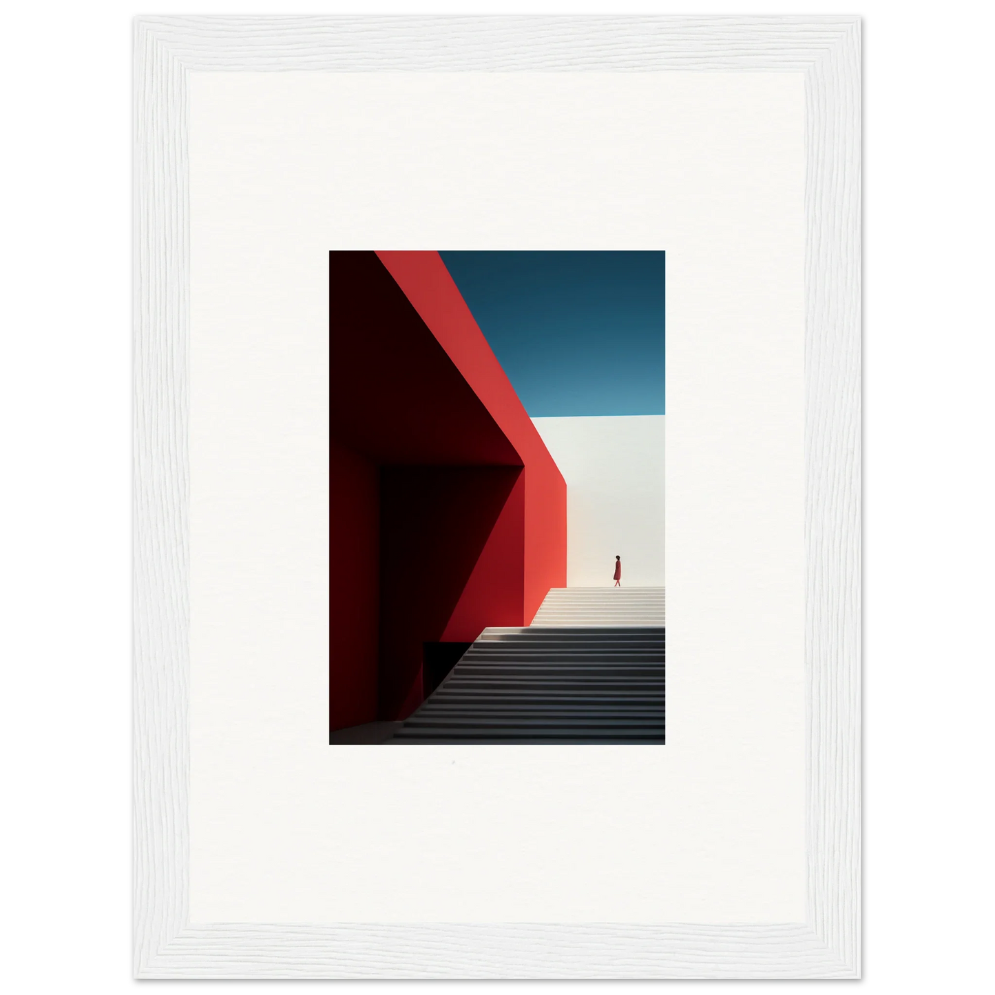 Red geometric wall meets concrete stairs in Mesa Quizzes Cascades framed wall art
