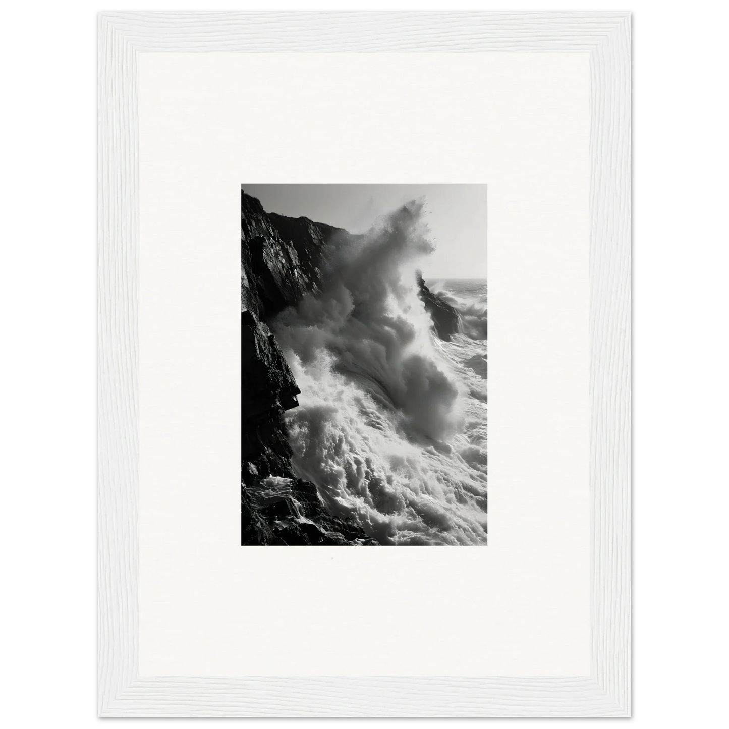 Powerful ocean waves crashing on cliffs in Ephemeral Echoes Surge framed wall art