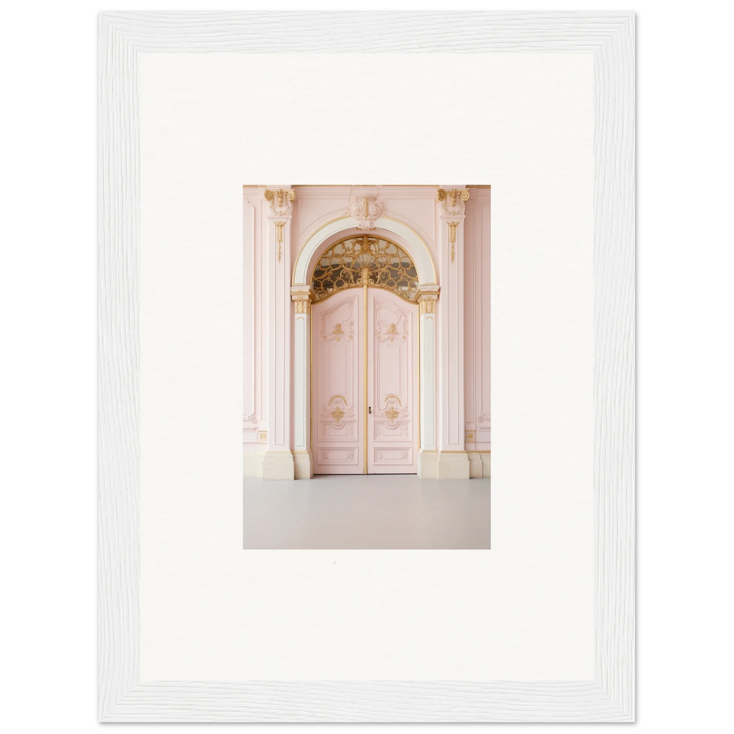 Ornate pink double door with gilded baroque details in premium framed wall art