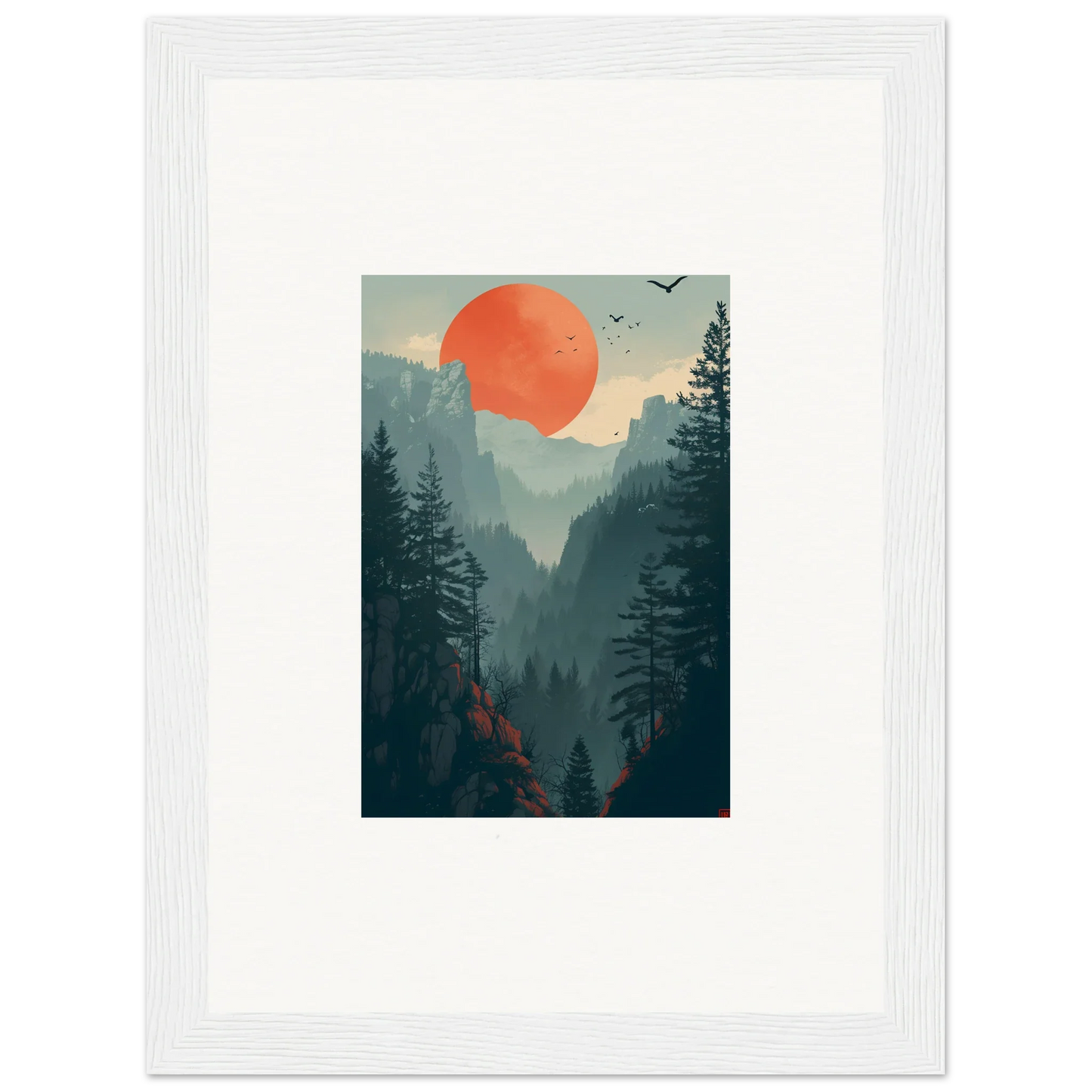Framed canvas print of Sunset Wilderness artistic forest landscape with orange sun