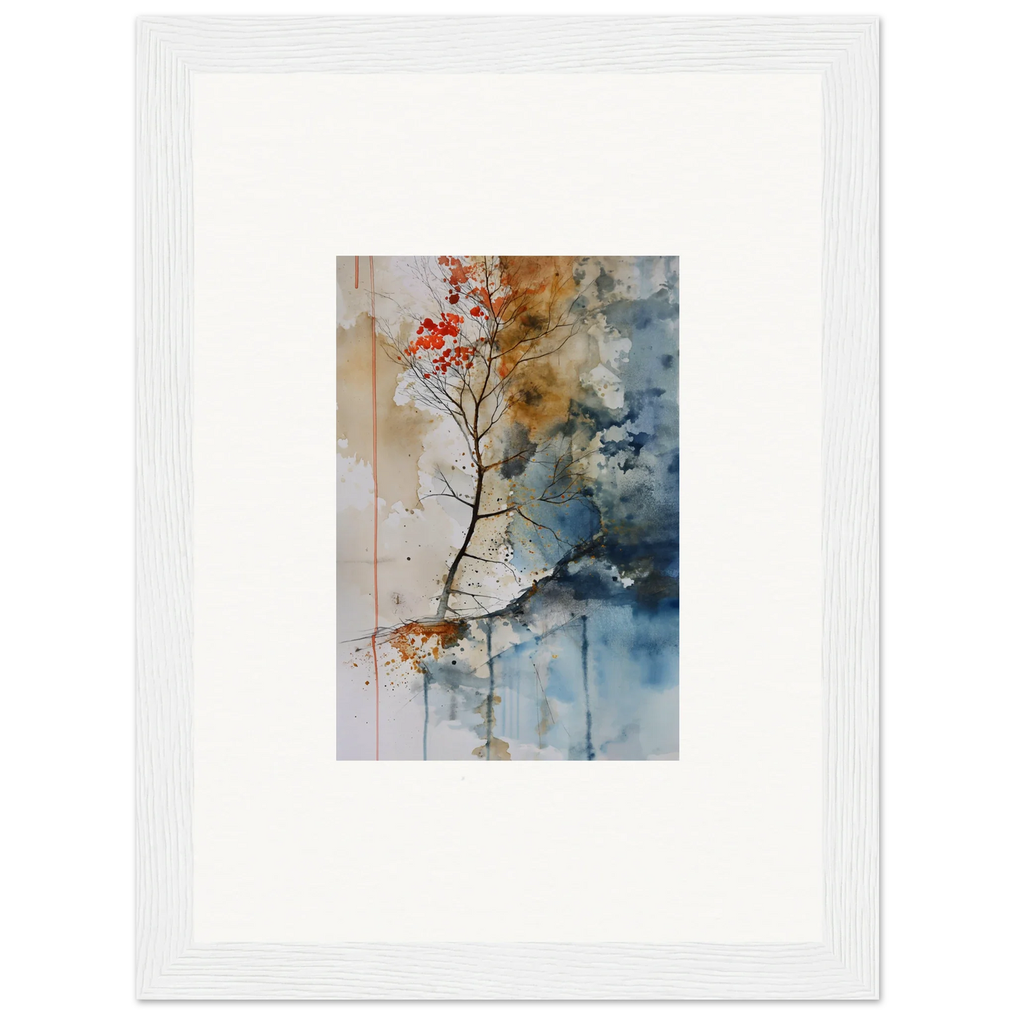 Framed watercolor wall art of a tree branch with red blossoms for room decoration