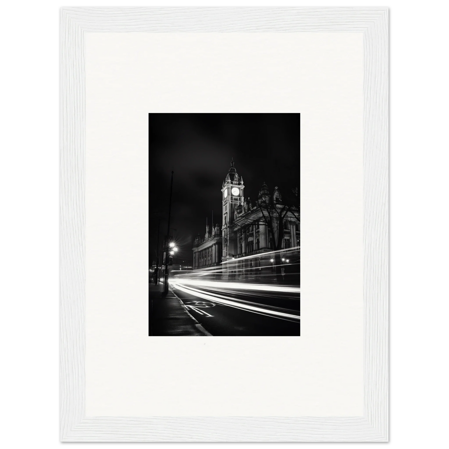 Gothic church tower at night with traffic light trails, perfect for Temporal Phantasm Glide art