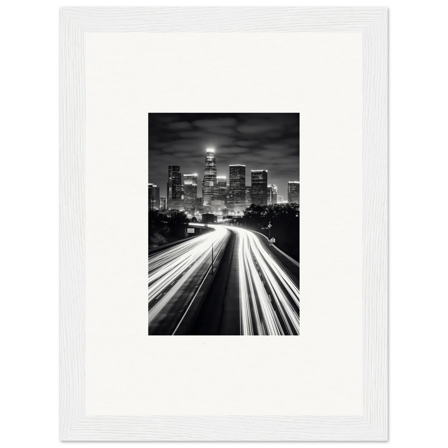 Black and white cityscape with traffic light trails in Steel Framed Wall art
