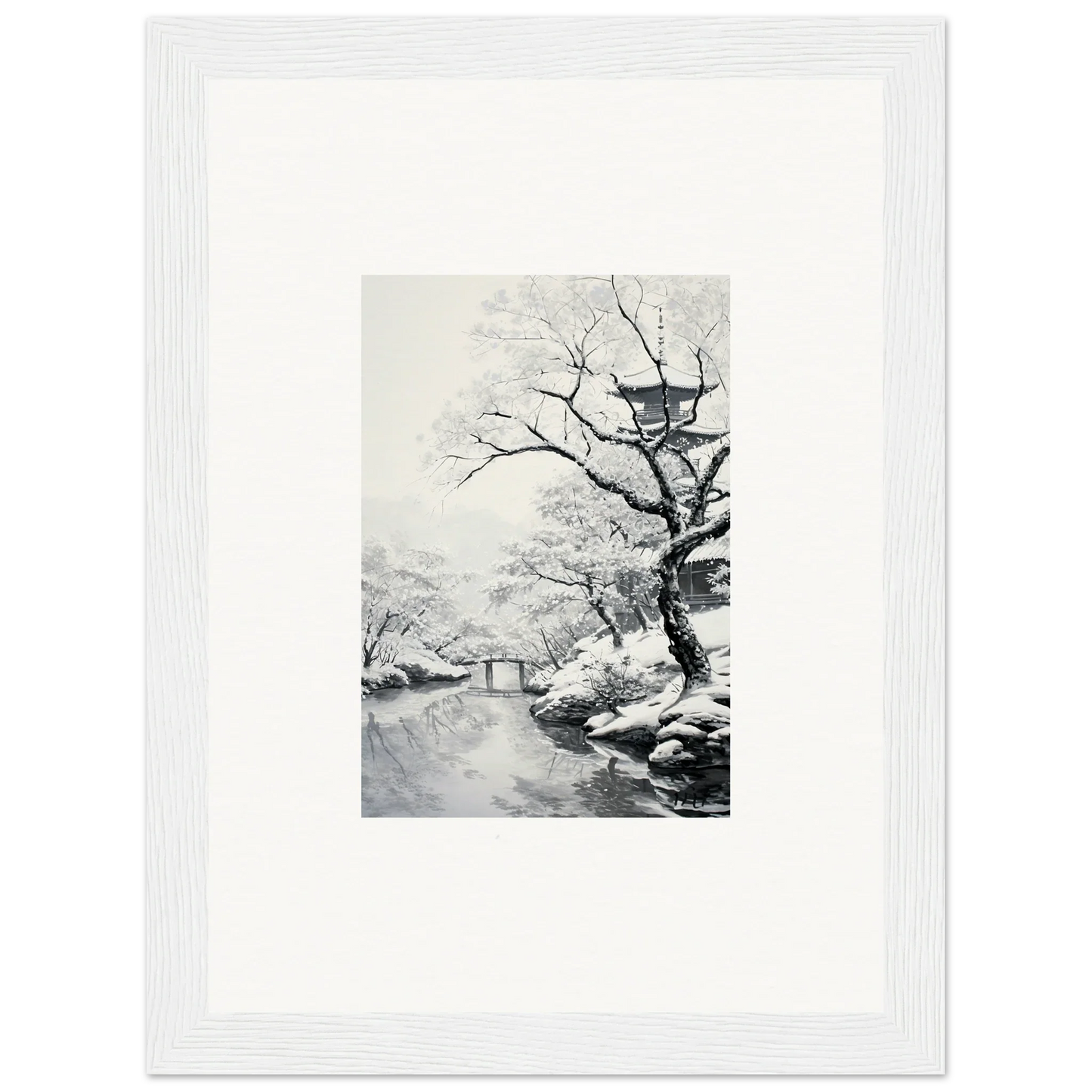 Chilled Lunar Embrace artwork of a snowy tree by a stream in framed poster style