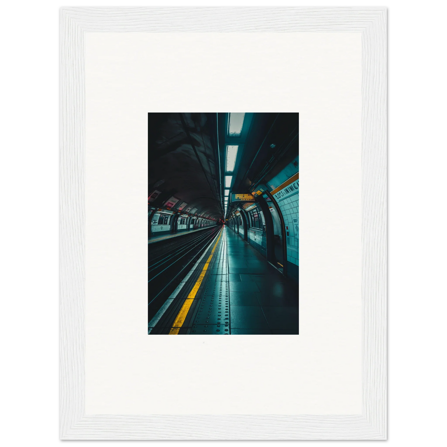 Empty subway platform with glowing lights for Portal Echo Anatomy premium framed wall art